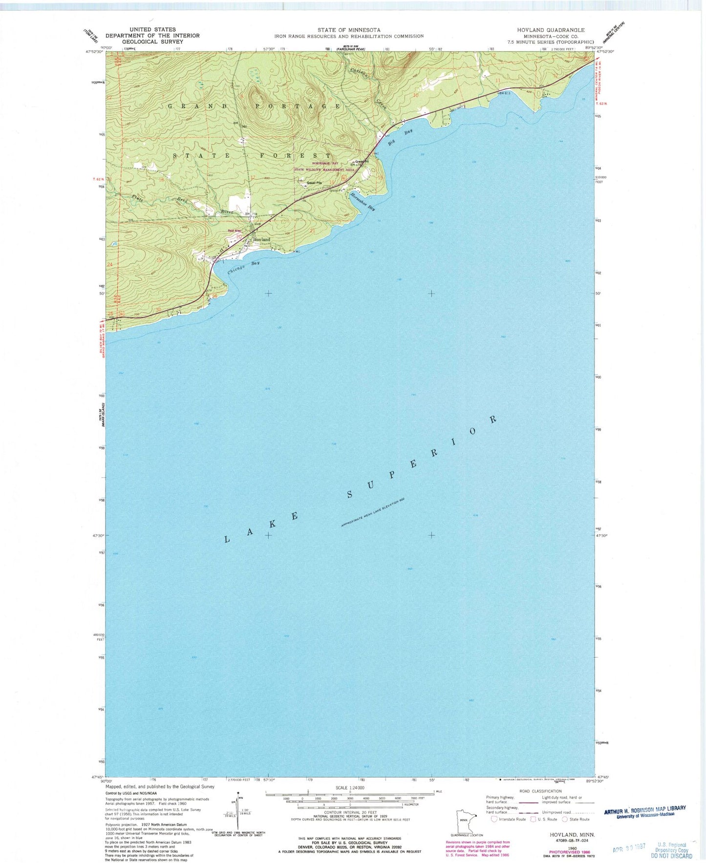 Classic USGS Hovland Minnesota 7.5'x7.5' Topo Map Image