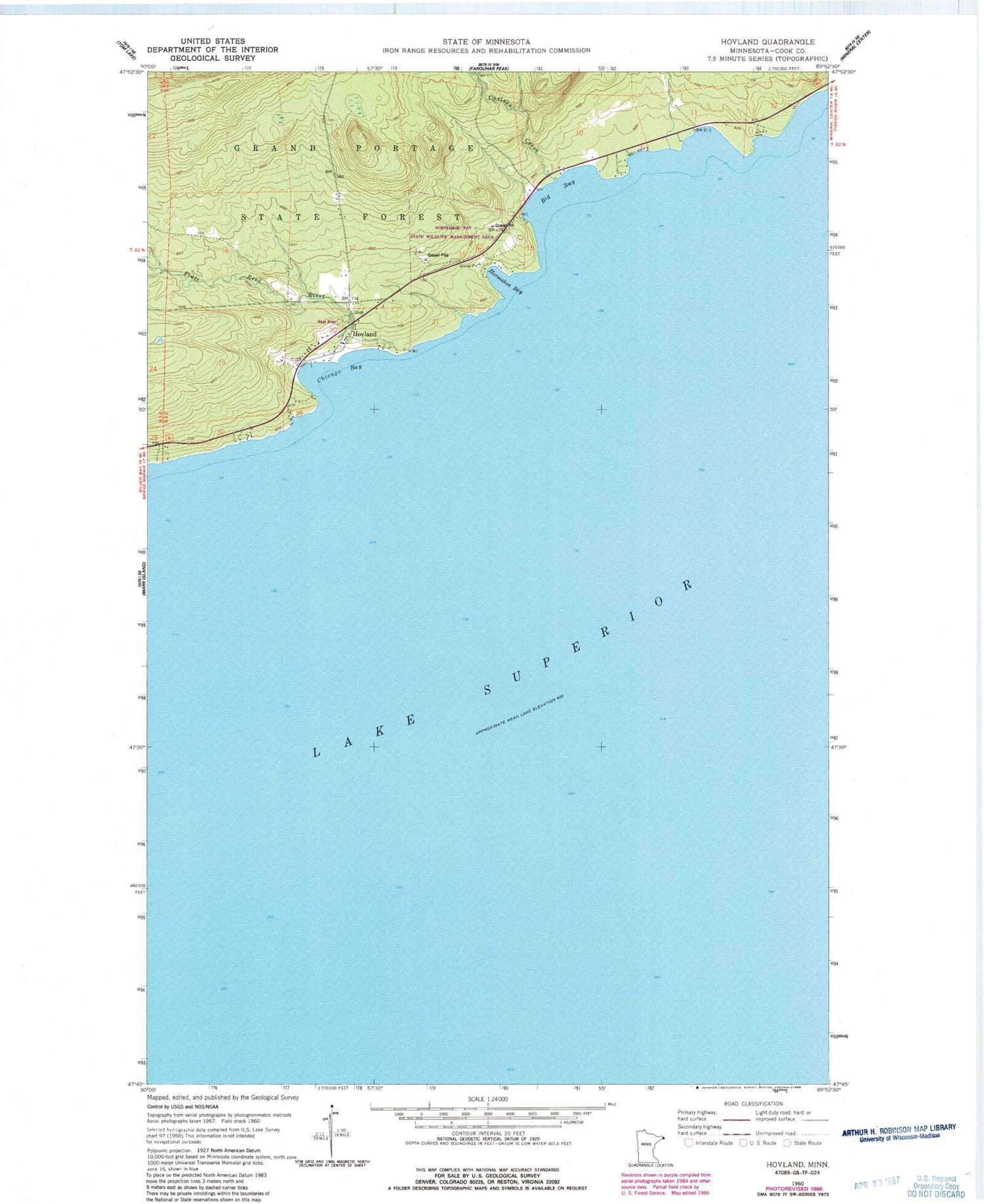 Classic USGS Hovland Minnesota 7.5'x7.5' Topo Map Image