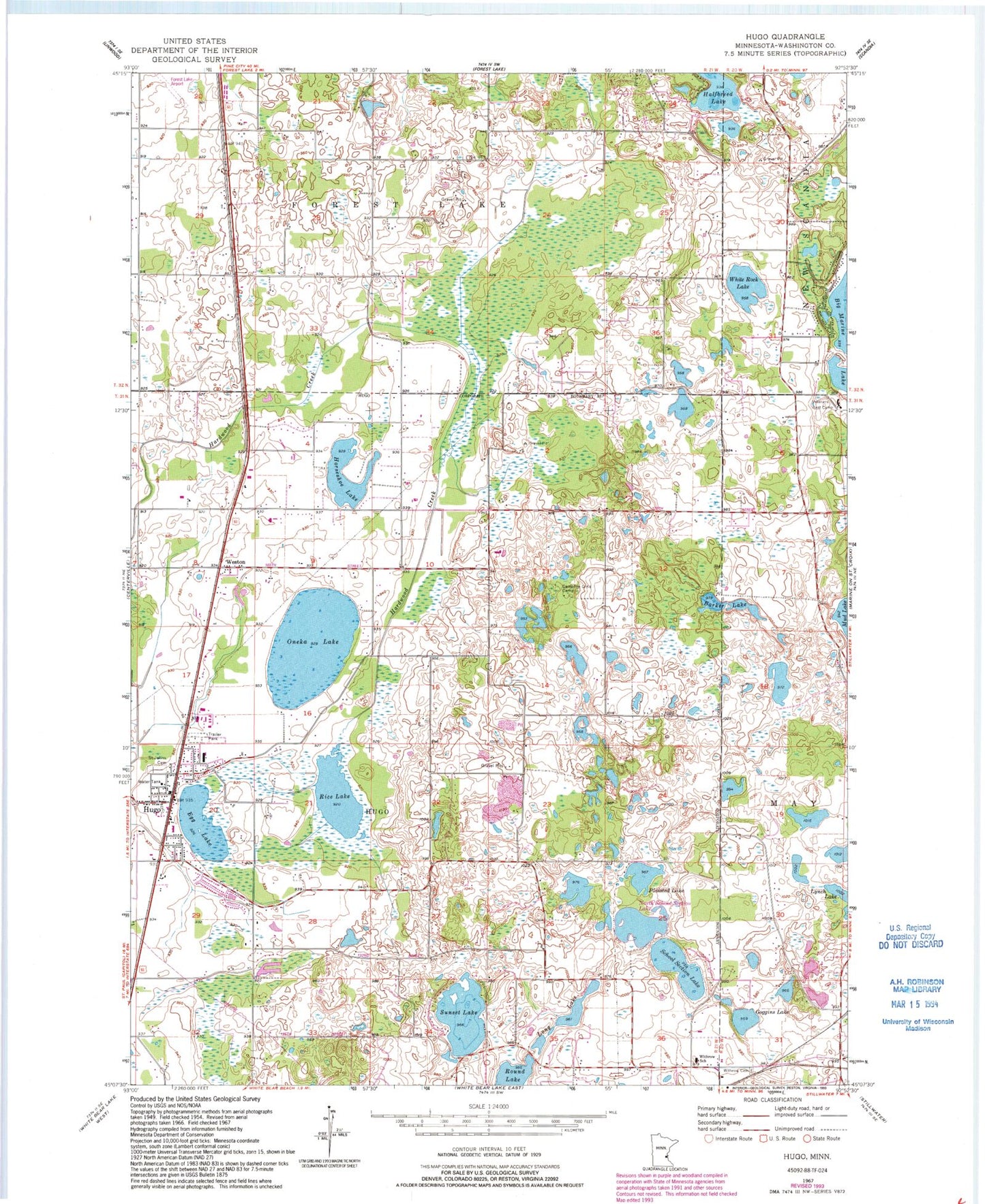Classic USGS Hugo Minnesota 7.5'x7.5' Topo Map Image
