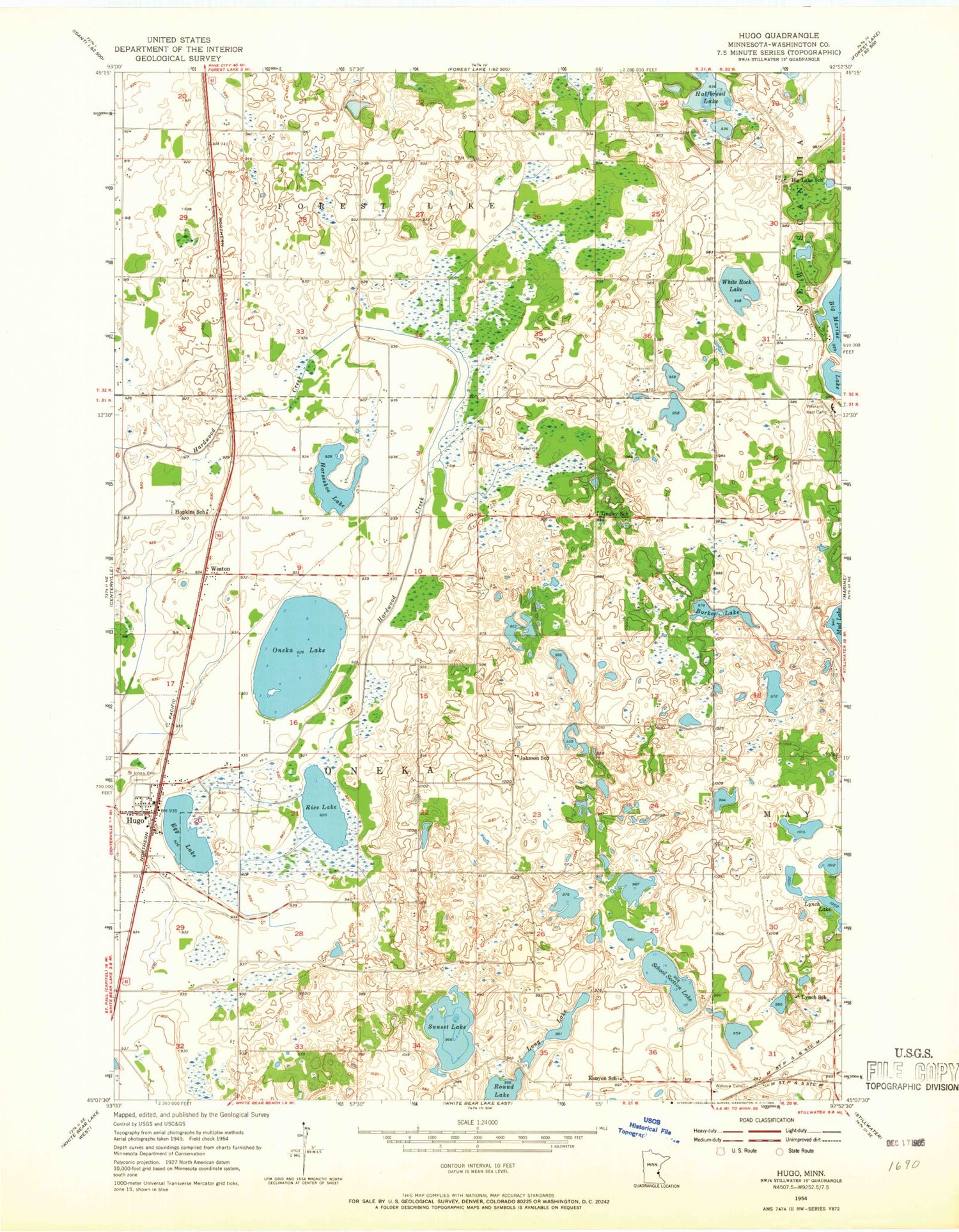 Classic USGS Hugo Minnesota 7.5'x7.5' Topo Map Image