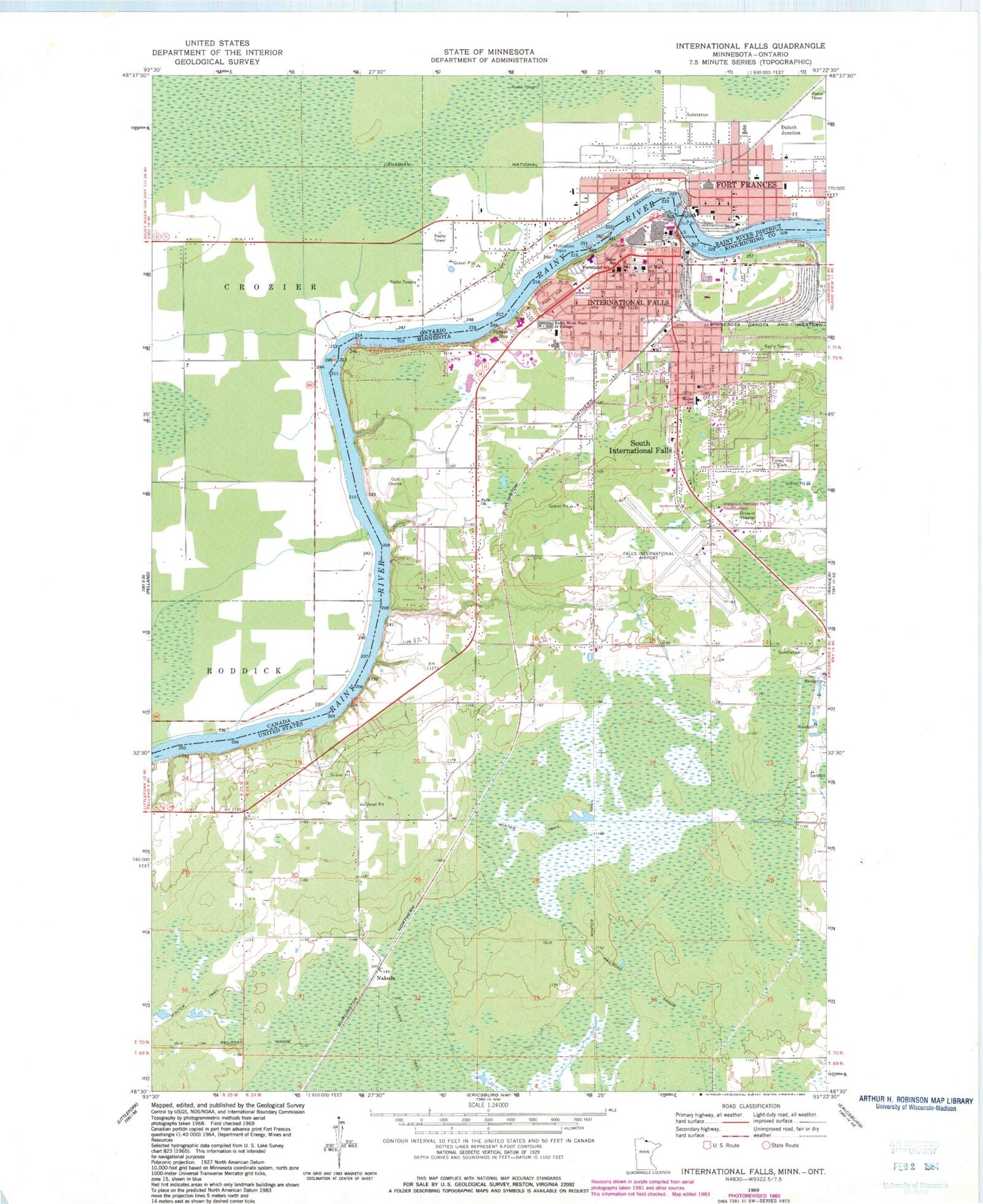 Classic USGS International Falls Minnesota 7.5'x7.5' Topo Map Image