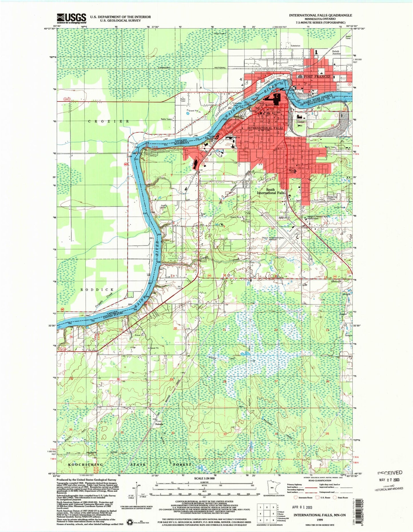 Classic USGS International Falls Minnesota 7.5'x7.5' Topo Map Image