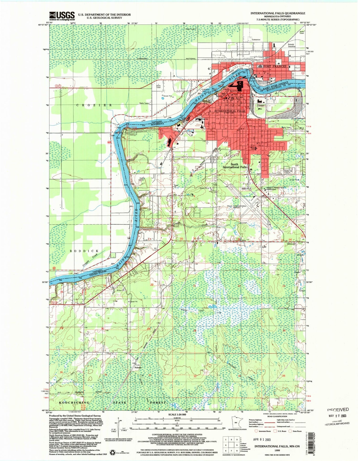 Classic USGS International Falls Minnesota 7.5'x7.5' Topo Map Image