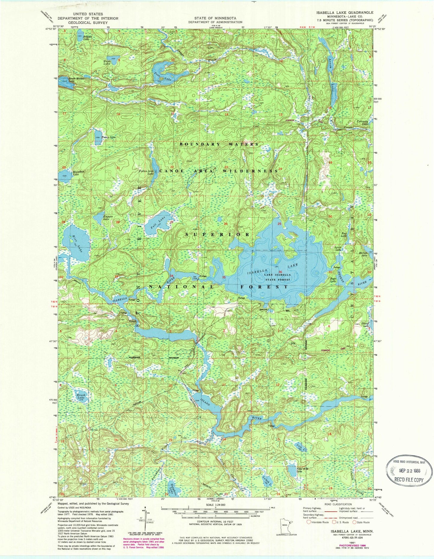 Classic USGS Isabella Lake Minnesota 7.5'x7.5' Topo Map Image