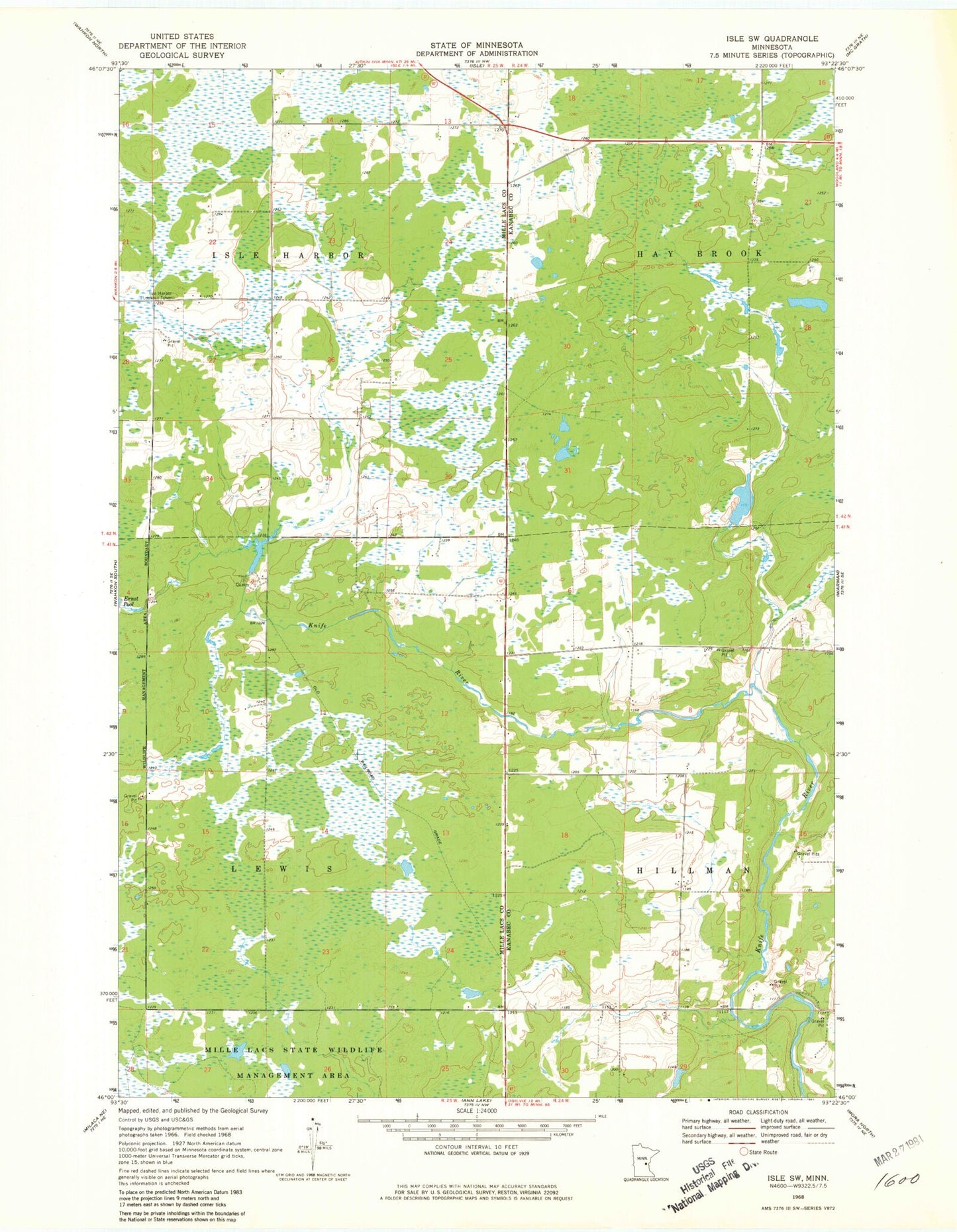 Classic USGS Isle SW Minnesota 7.5'x7.5' Topo Map Image
