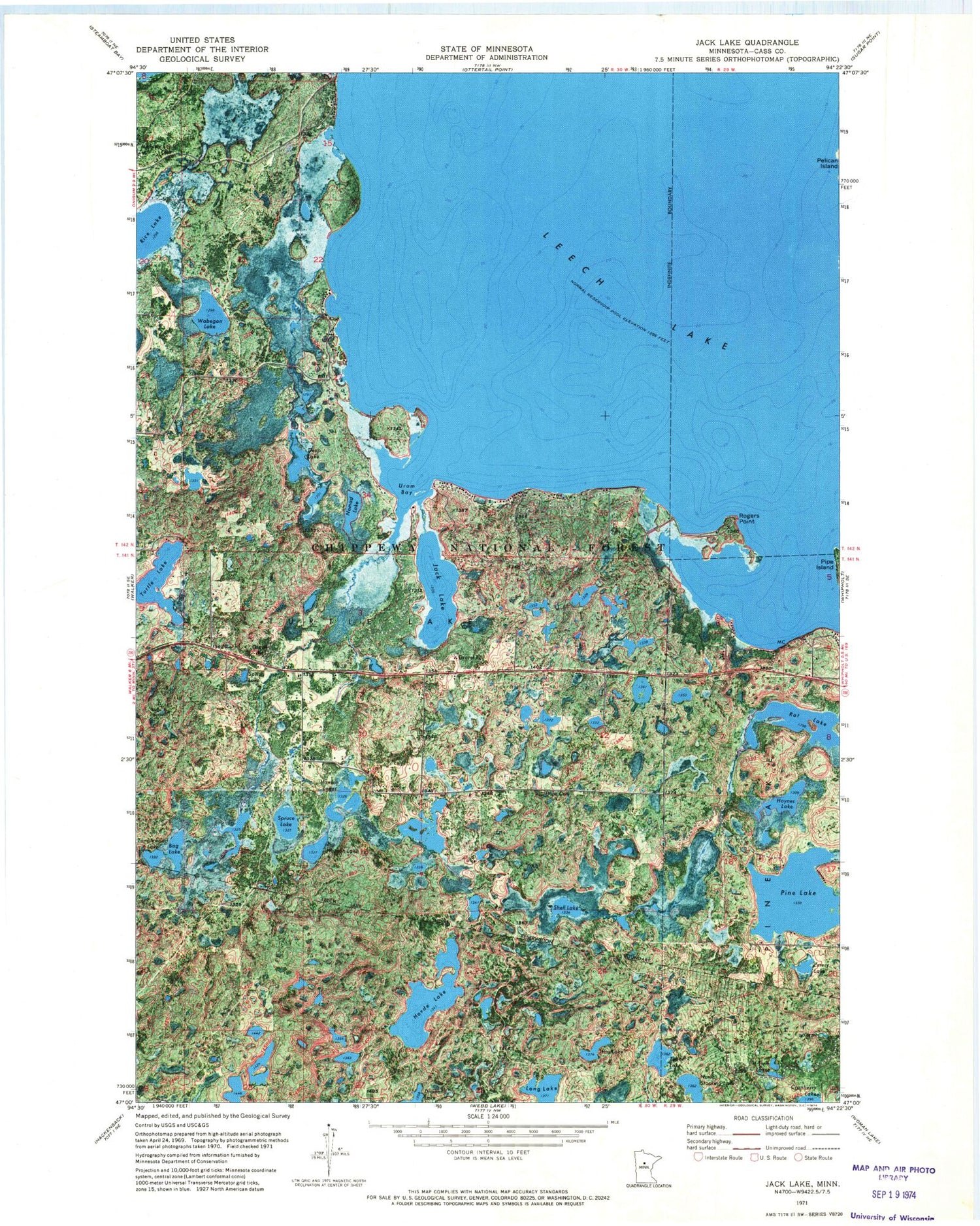 Classic USGS Jack Lake Minnesota 7.5'x7.5' Topo Map Image