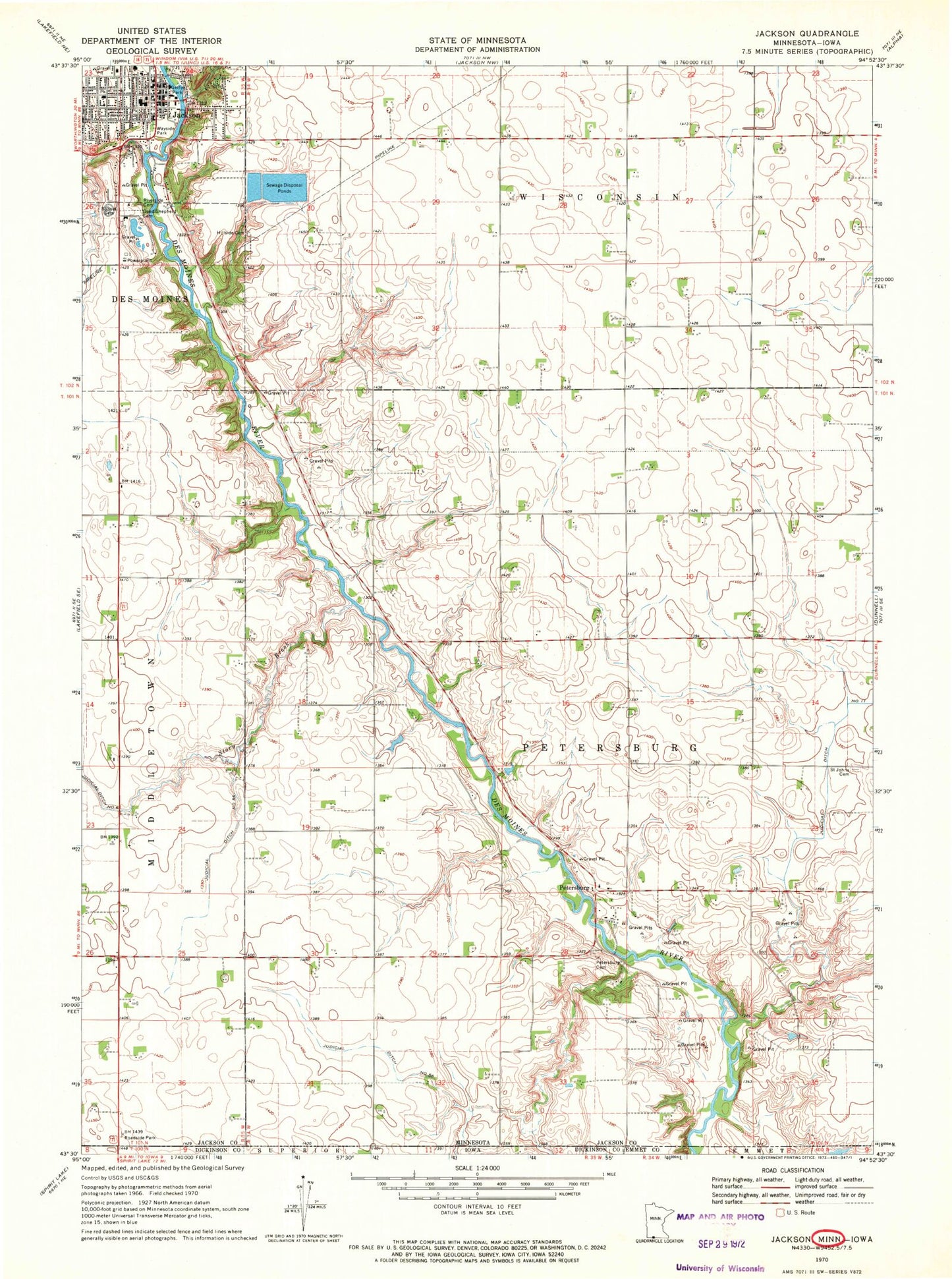 Classic USGS Jackson Minnesota 7.5'x7.5' Topo Map Image