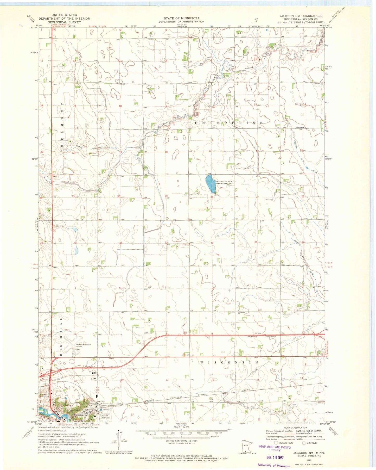 Classic USGS Jackson NW Minnesota 7.5'x7.5' Topo Map Image