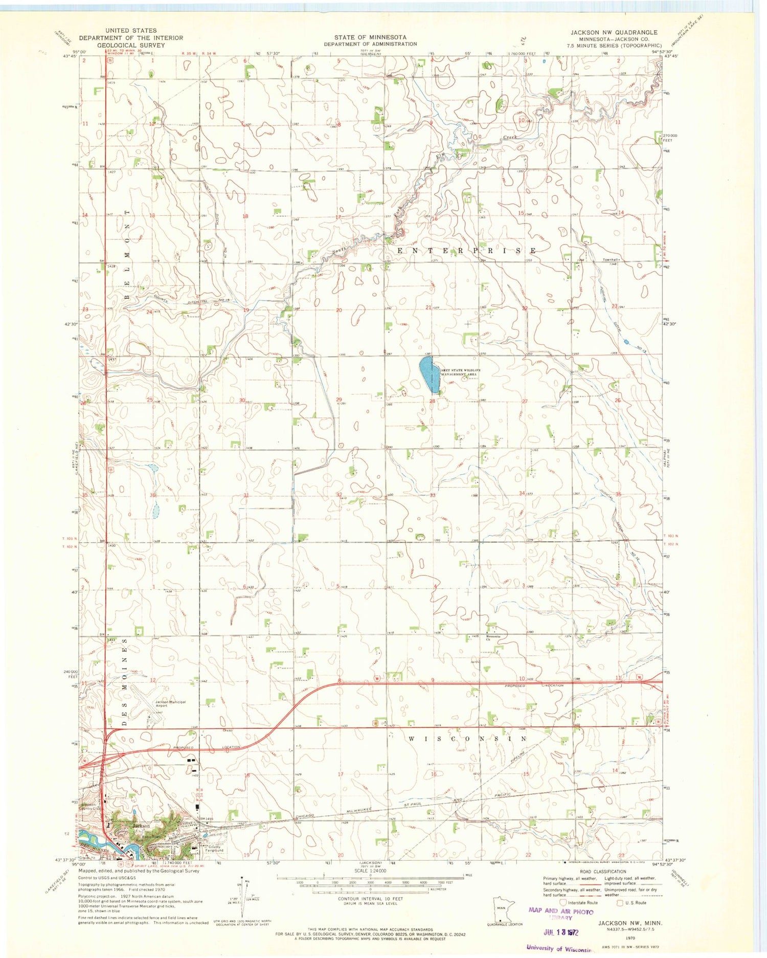 Classic USGS Jackson NW Minnesota 7.5'x7.5' Topo Map Image