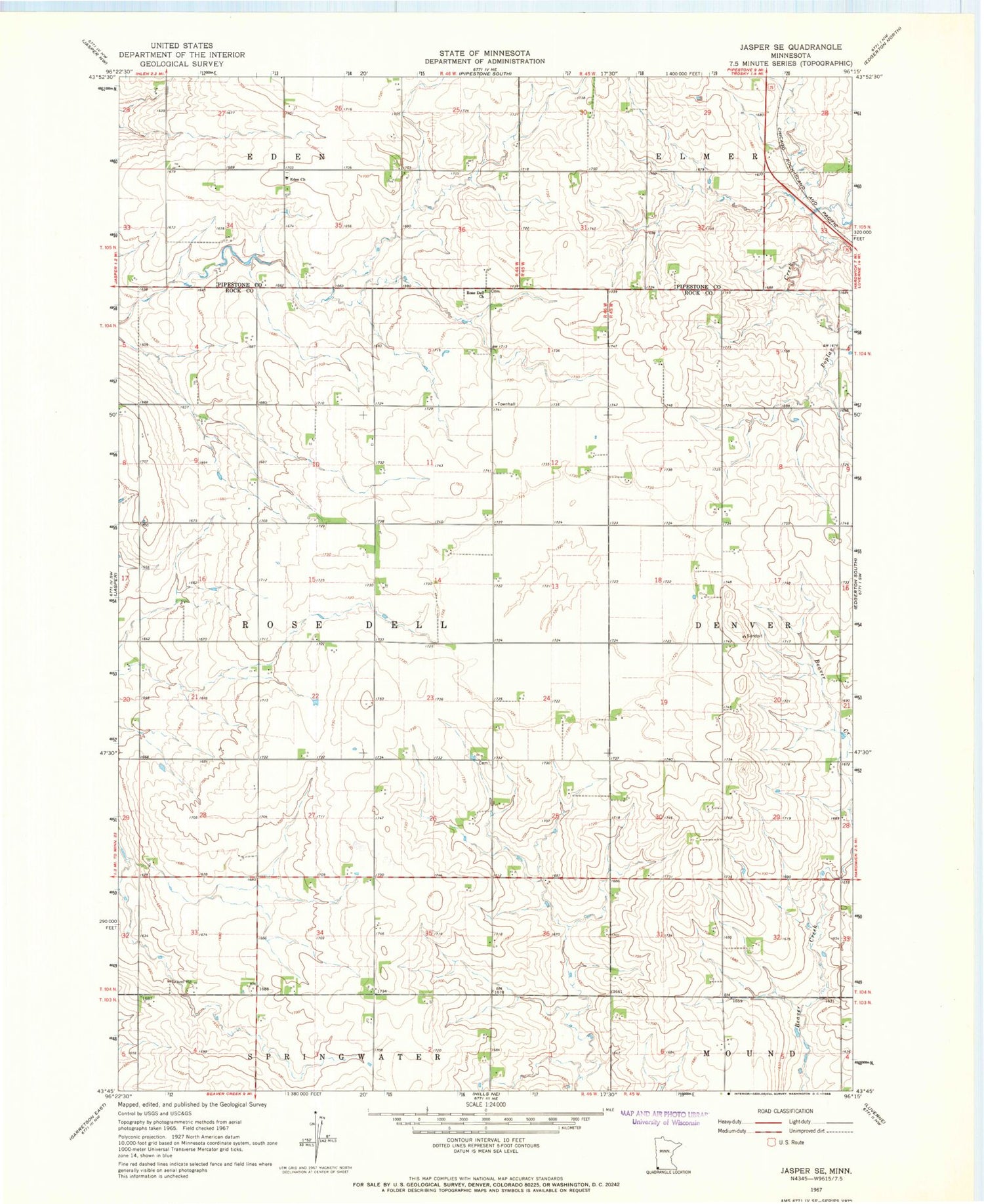 Classic USGS Jasper SE Minnesota 7.5'x7.5' Topo Map Image