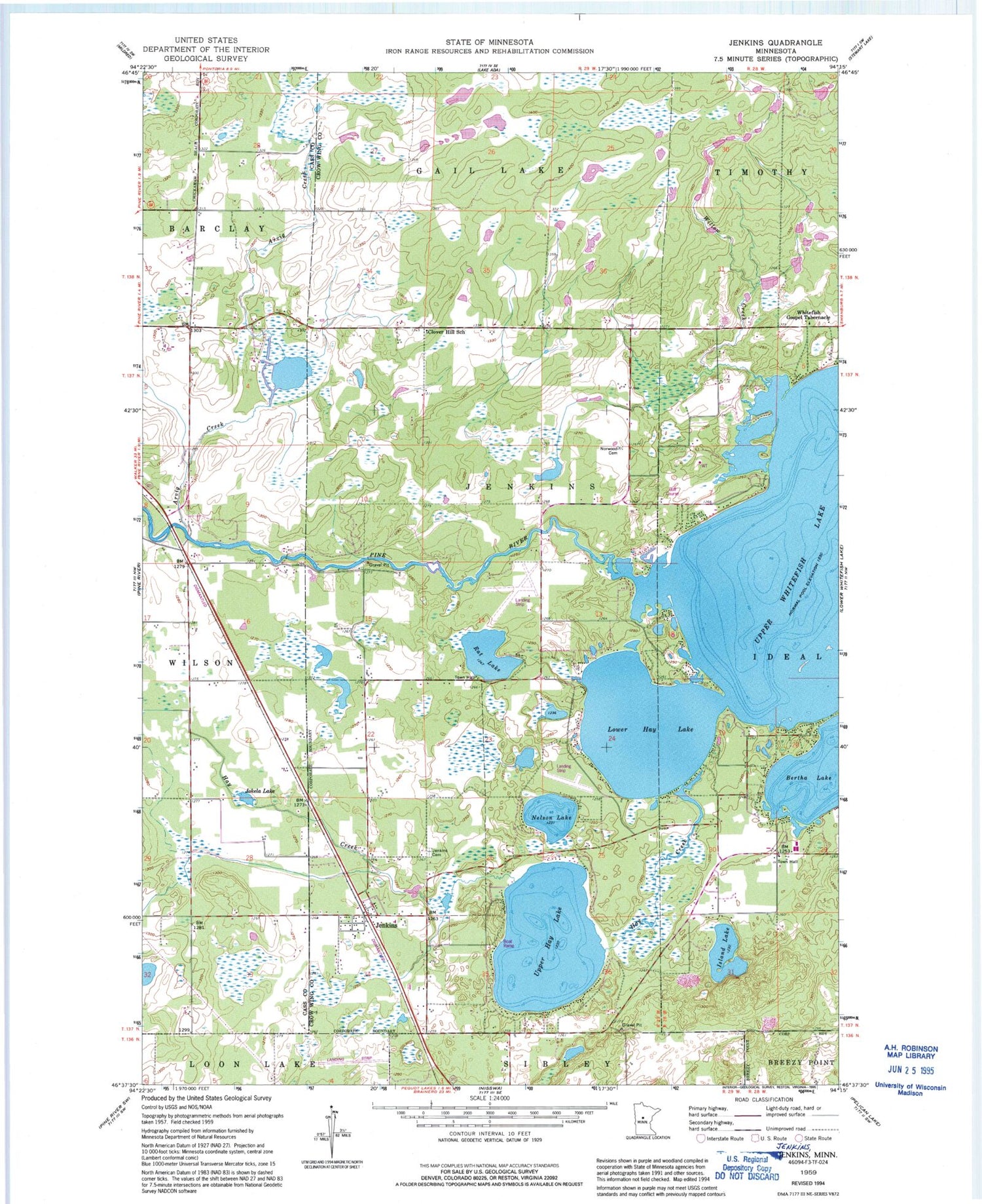 Classic USGS Jenkins Minnesota 7.5'x7.5' Topo Map Image