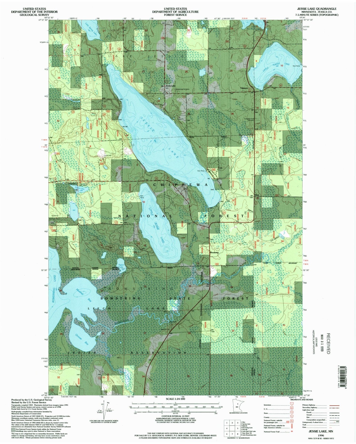 Classic USGS Jessie Lake Minnesota 7.5'x7.5' Topo Map Image