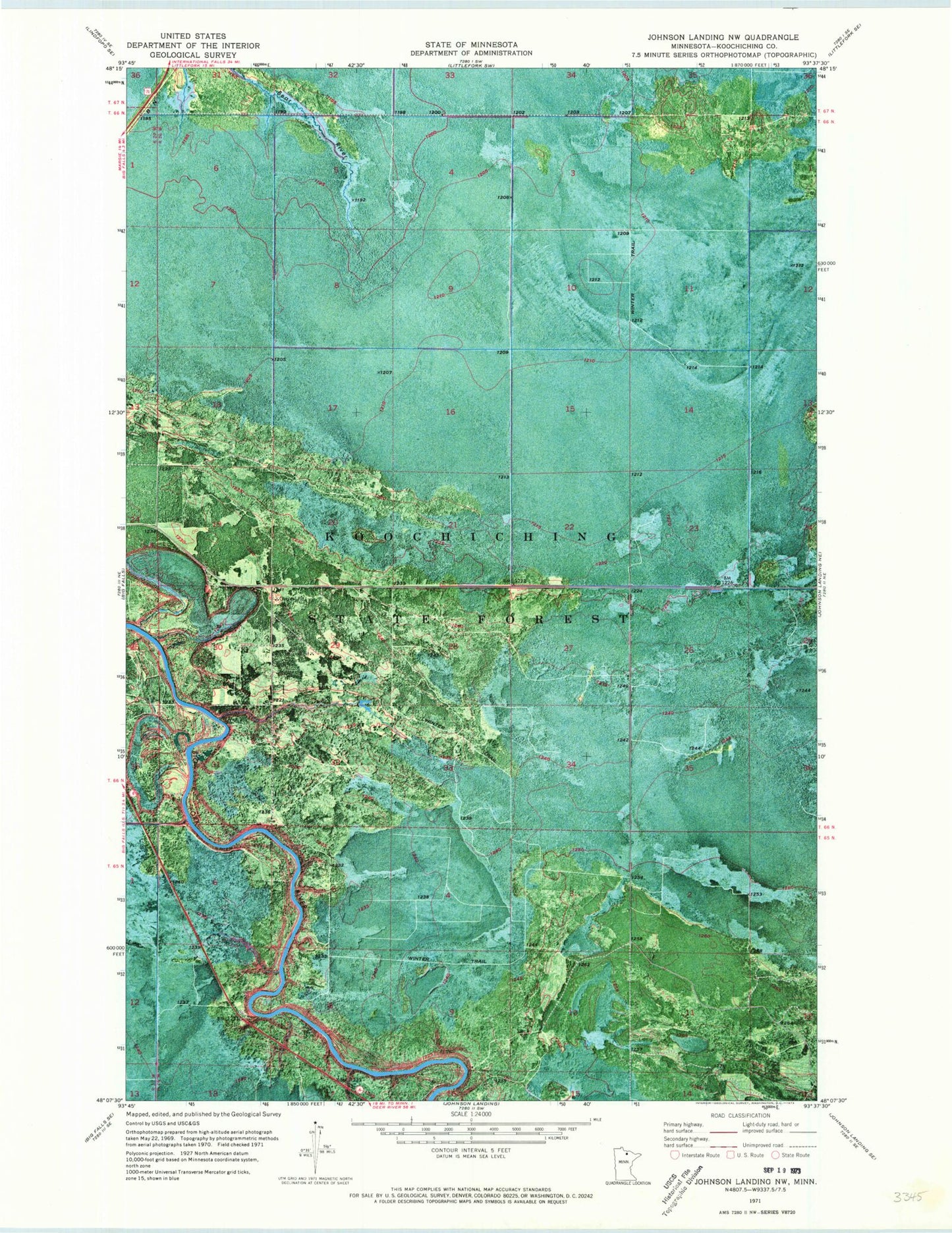 Classic USGS Johnson Landing NW Minnesota 7.5'x7.5' Topo Map Image
