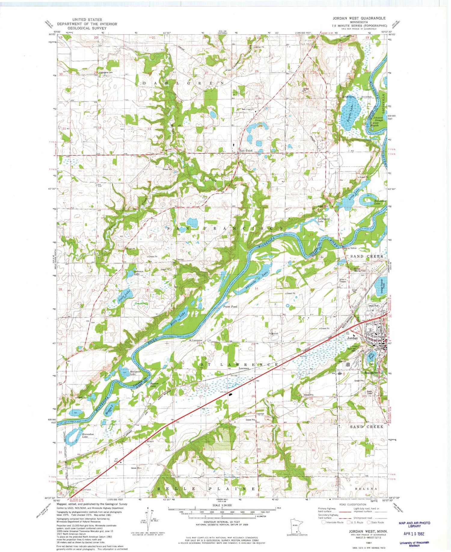 Classic USGS Jordan West Minnesota 7.5'x7.5' Topo Map Image