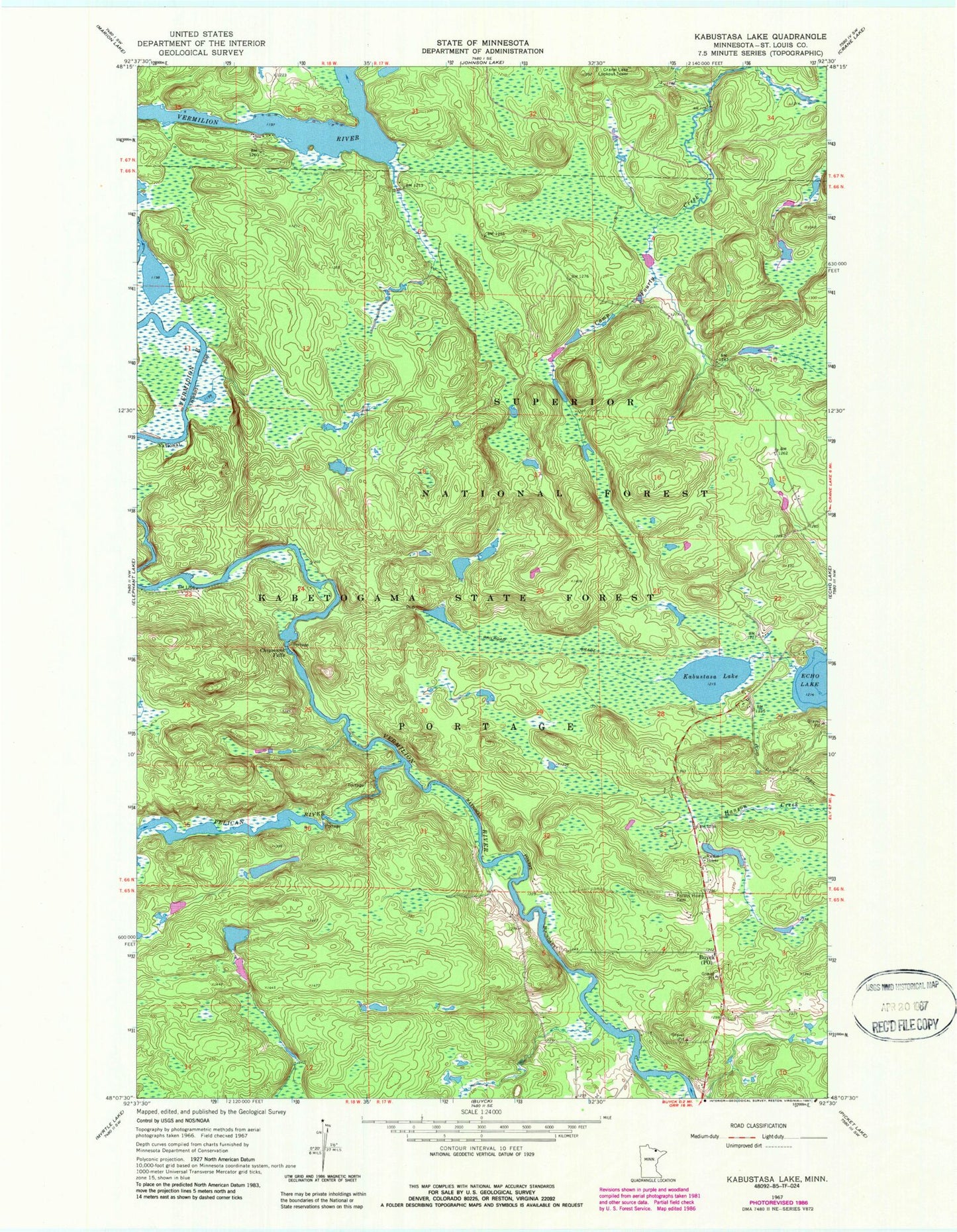 Classic USGS Kabustasa Lake Minnesota 7.5'x7.5' Topo Map Image