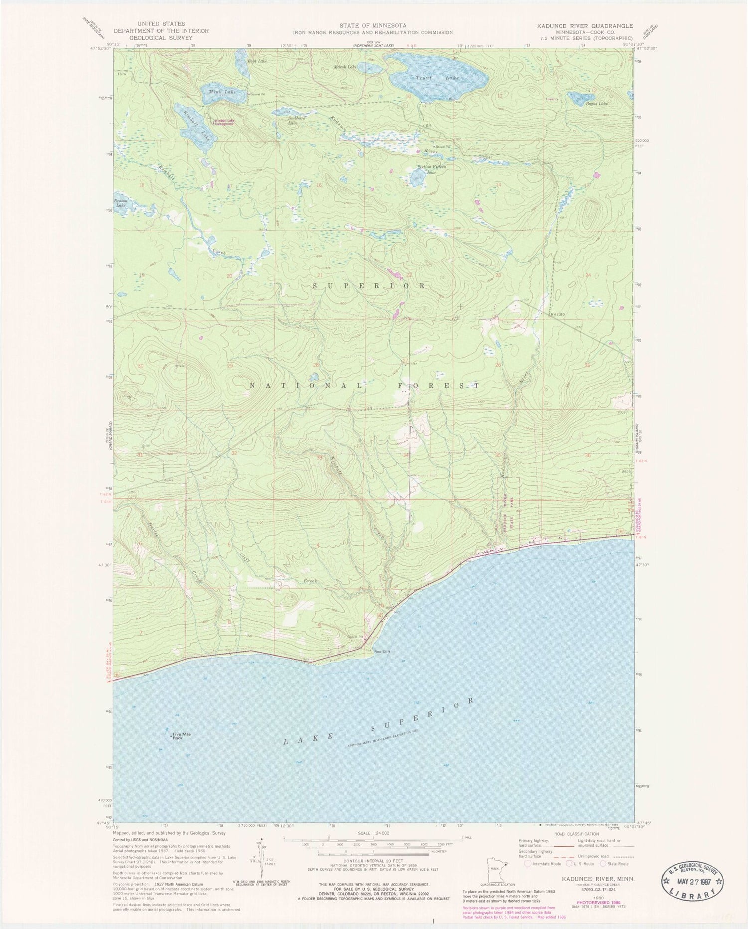 Classic USGS Kadunce River Minnesota 7.5'x7.5' Topo Map Image