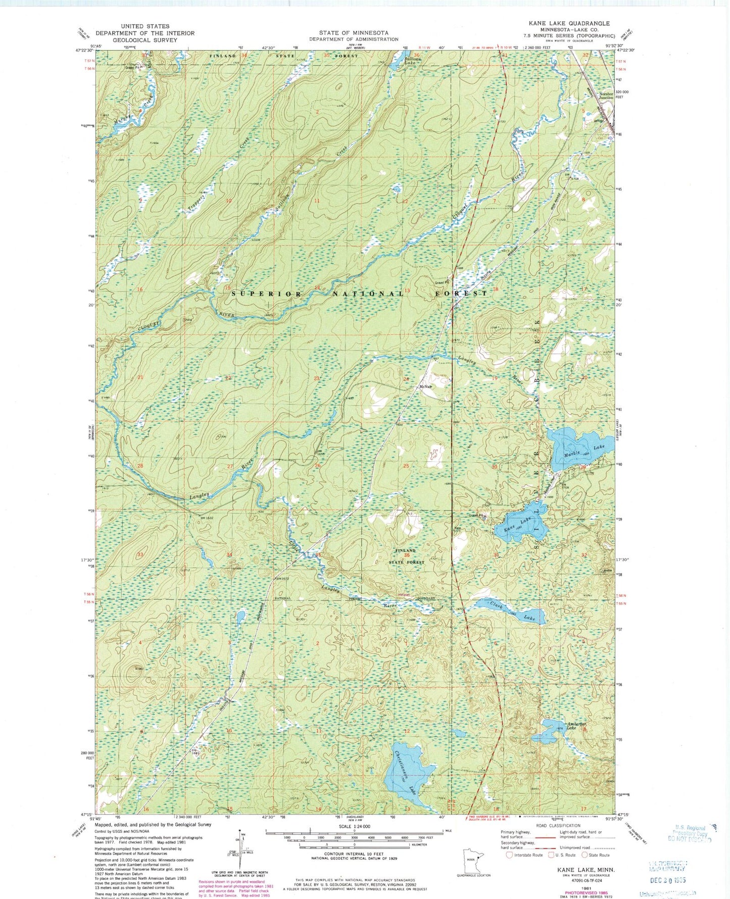 Classic USGS Kane Lake Minnesota 7.5'x7.5' Topo Map Image