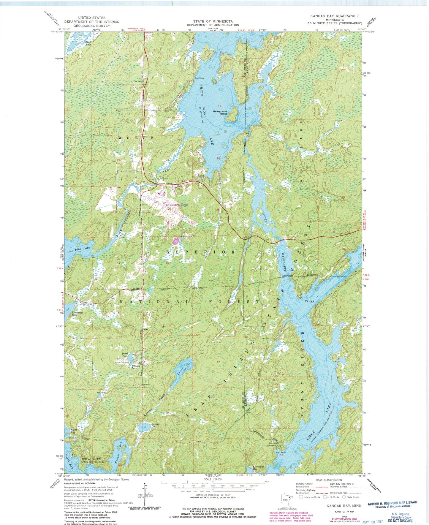 Classic USGS Kangas Bay Minnesota 7.5'x7.5' Topo Map Image