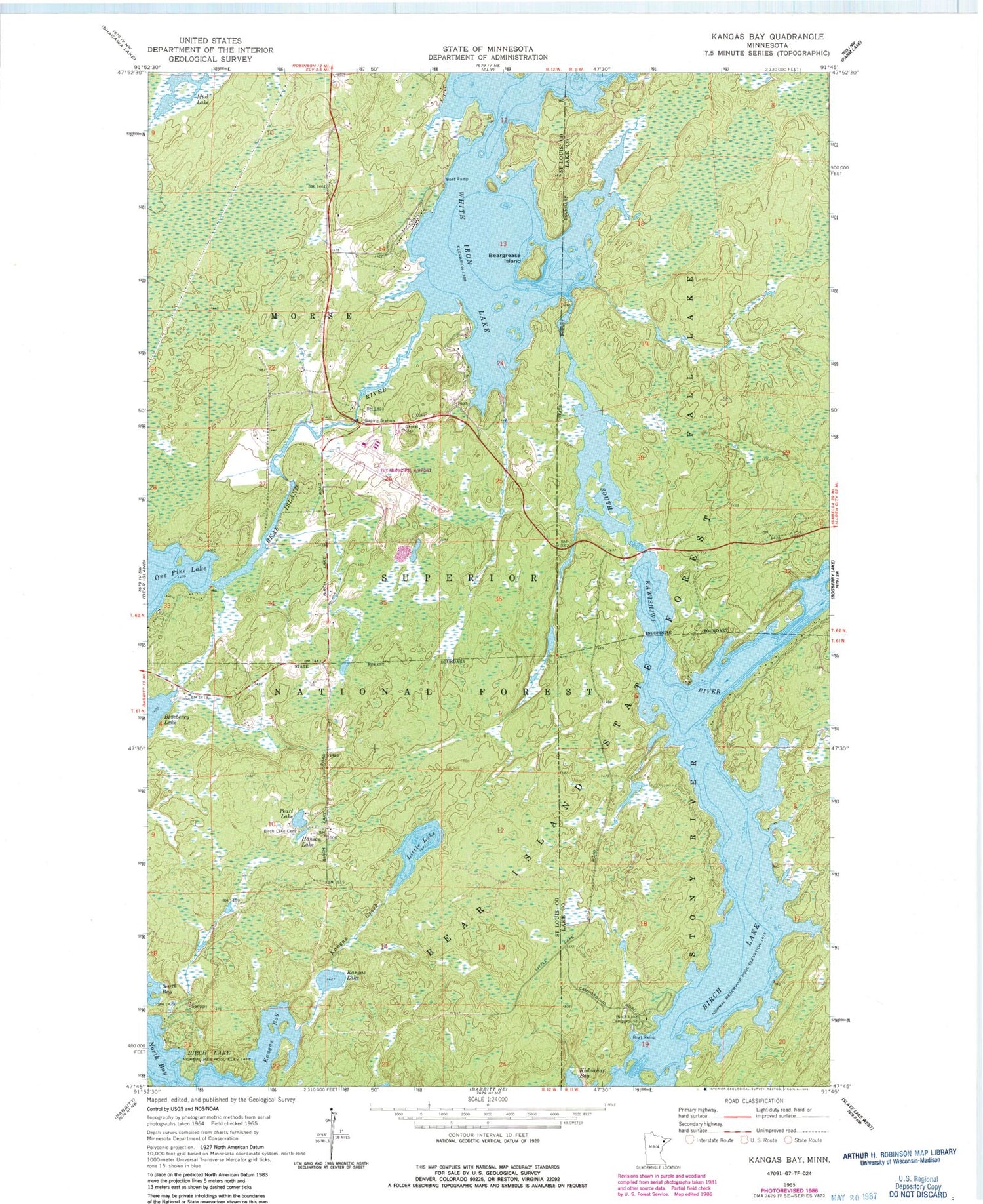 Classic USGS Kangas Bay Minnesota 7.5'x7.5' Topo Map Image