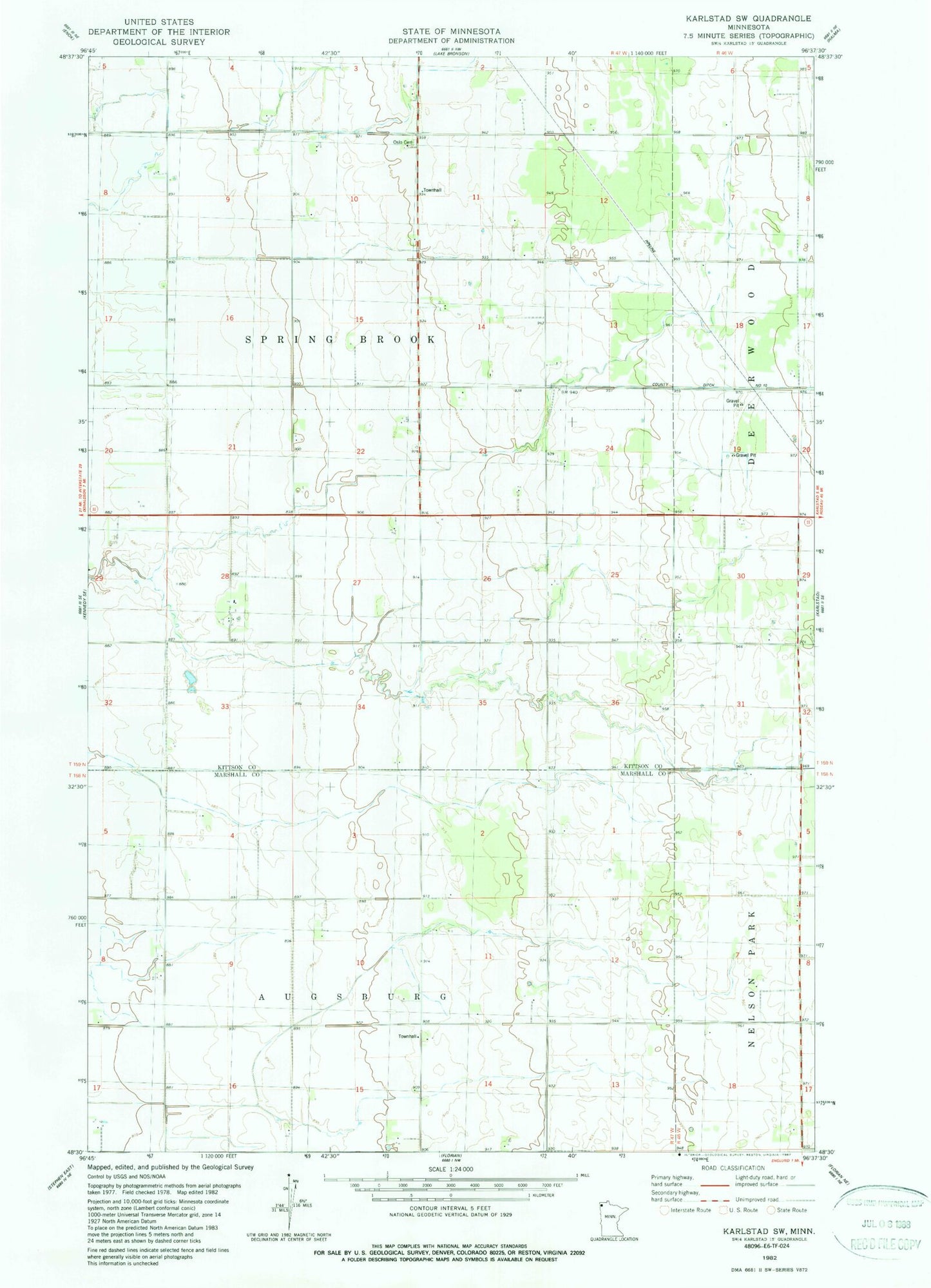 Classic USGS Karlstad SW Minnesota 7.5'x7.5' Topo Map Image