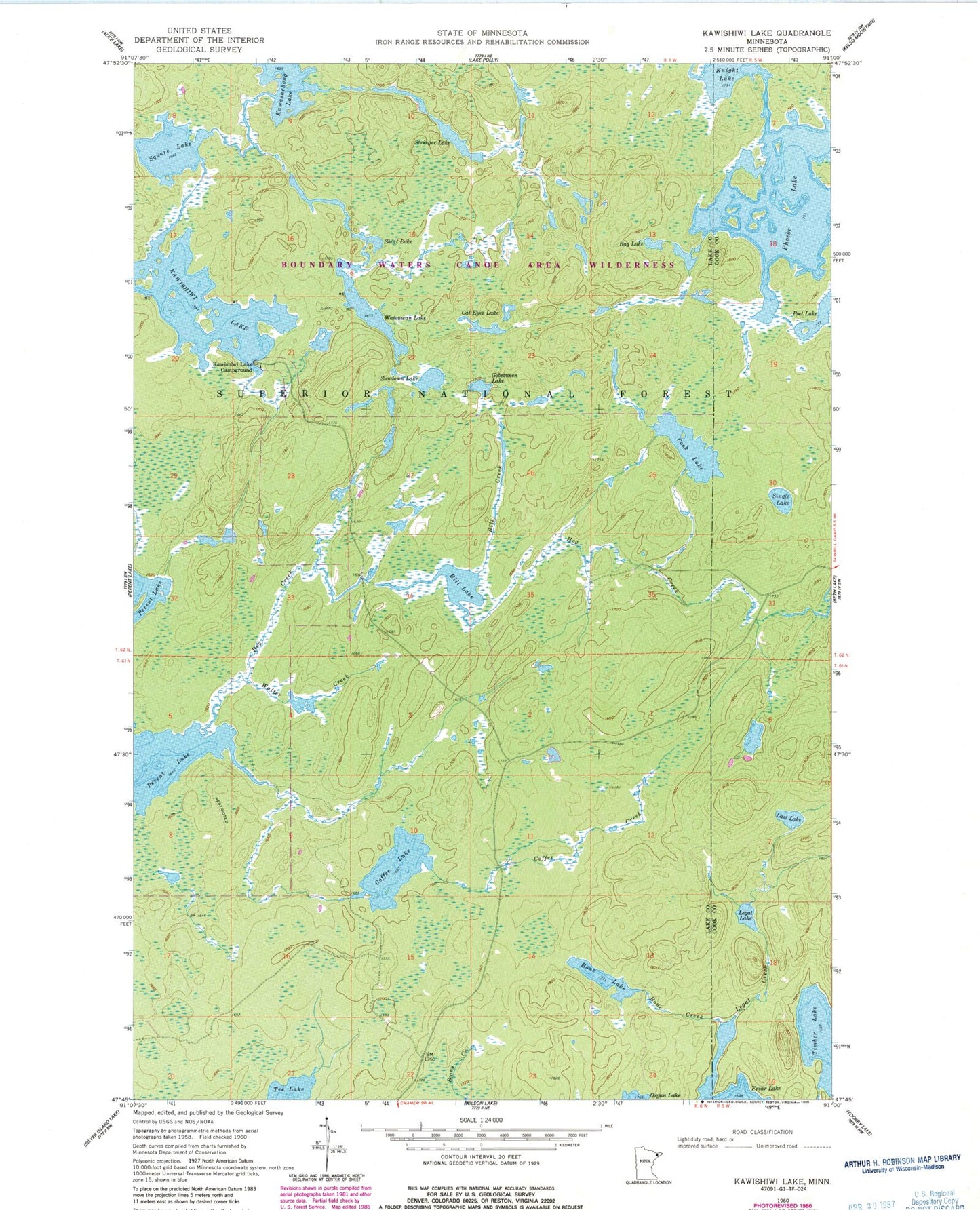 Classic USGS Kawishiwi Lake Minnesota 7.5'x7.5' Topo Map Image