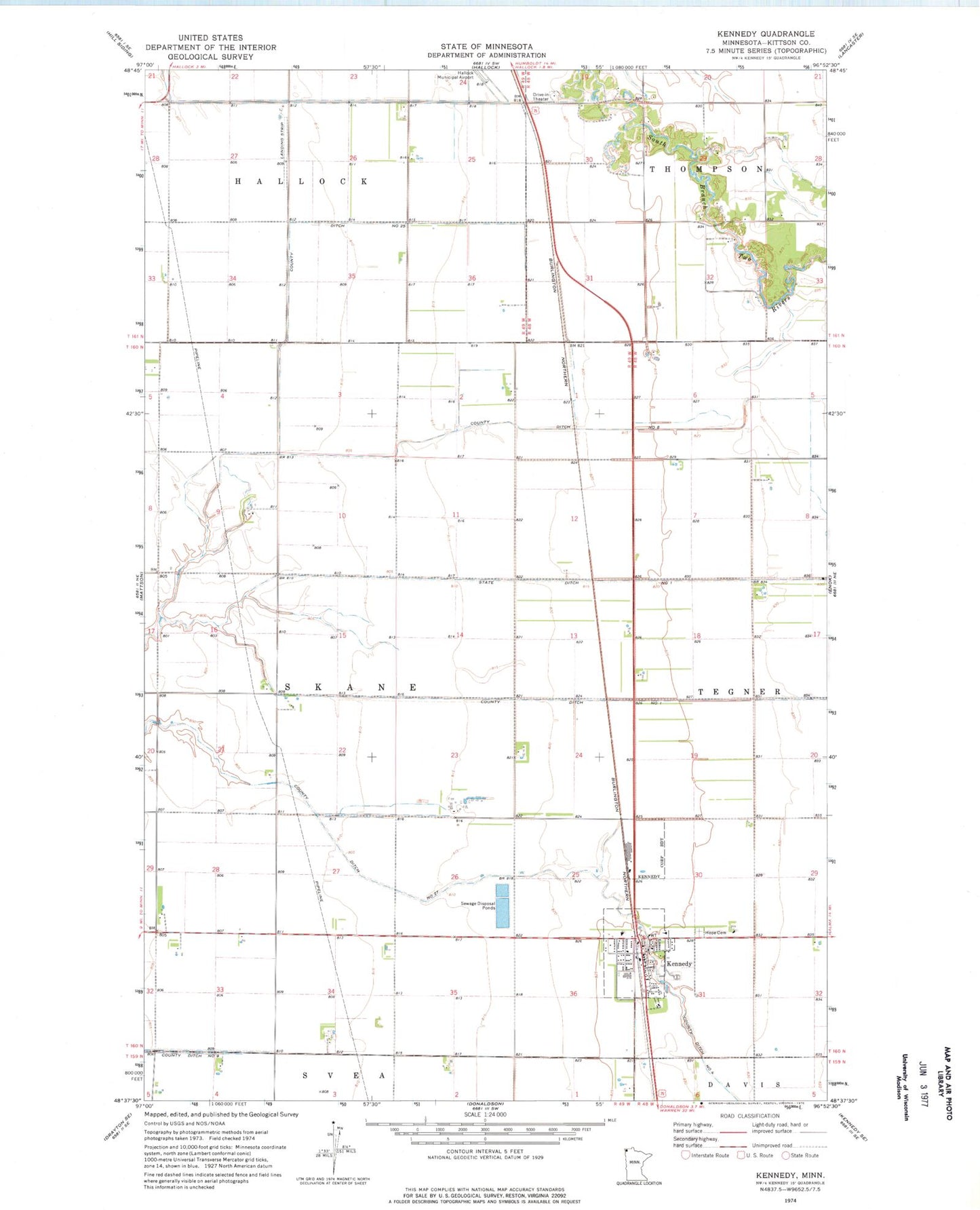 Classic USGS Kennedy Minnesota 7.5'x7.5' Topo Map Image