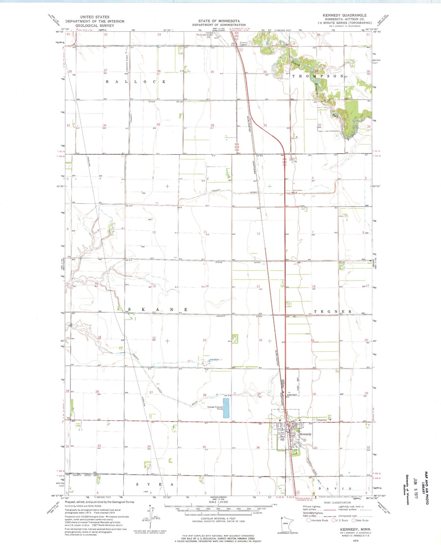Classic USGS Kennedy Minnesota 7.5'x7.5' Topo Map Image