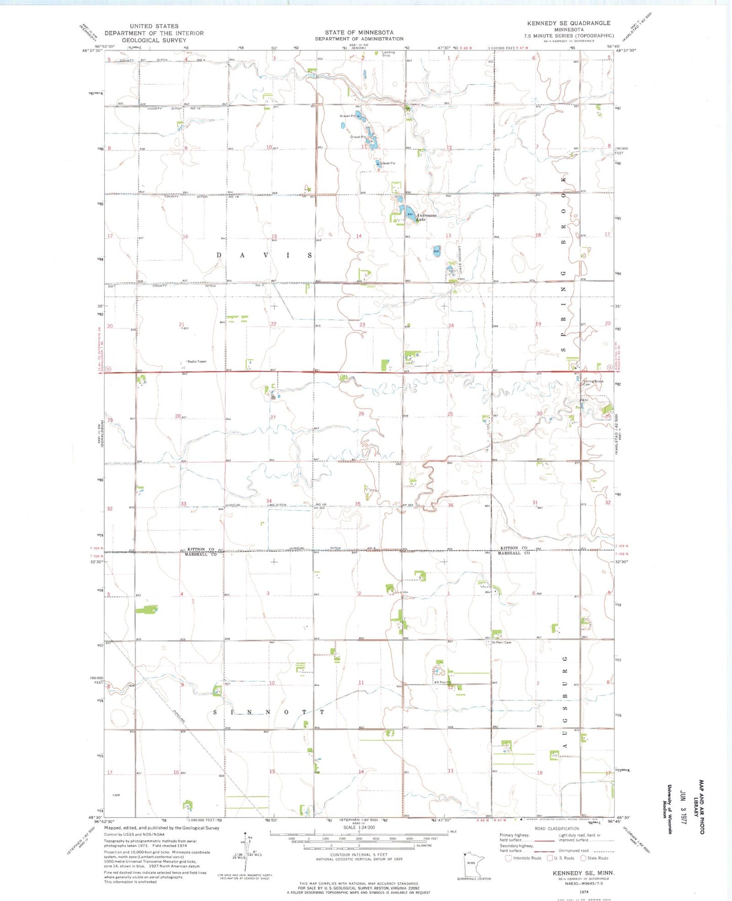 Classic USGS Kennedy SE Minnesota 7.5'x7.5' Topo Map Image
