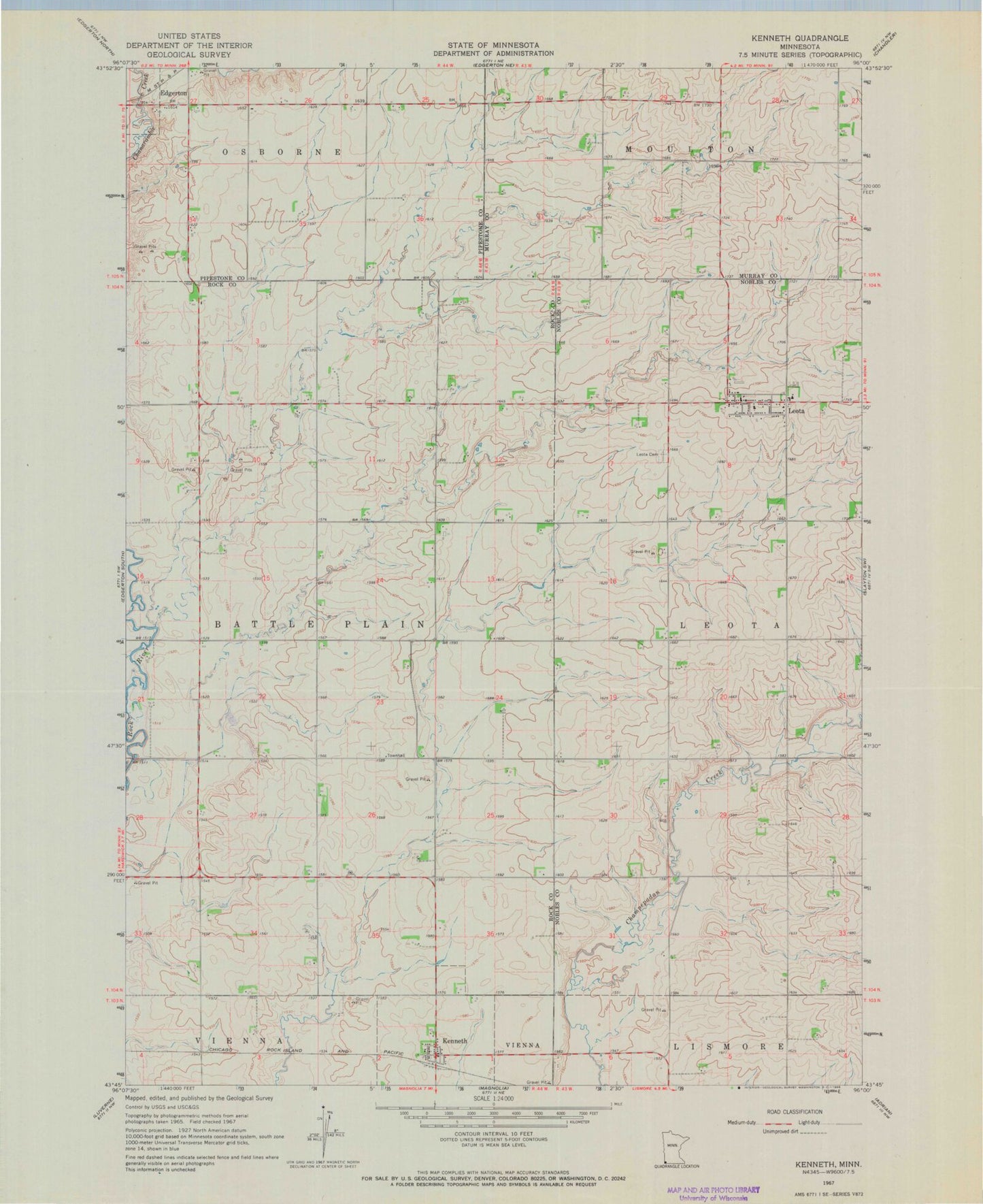 Classic USGS Kenneth Minnesota 7.5'x7.5' Topo Map Image