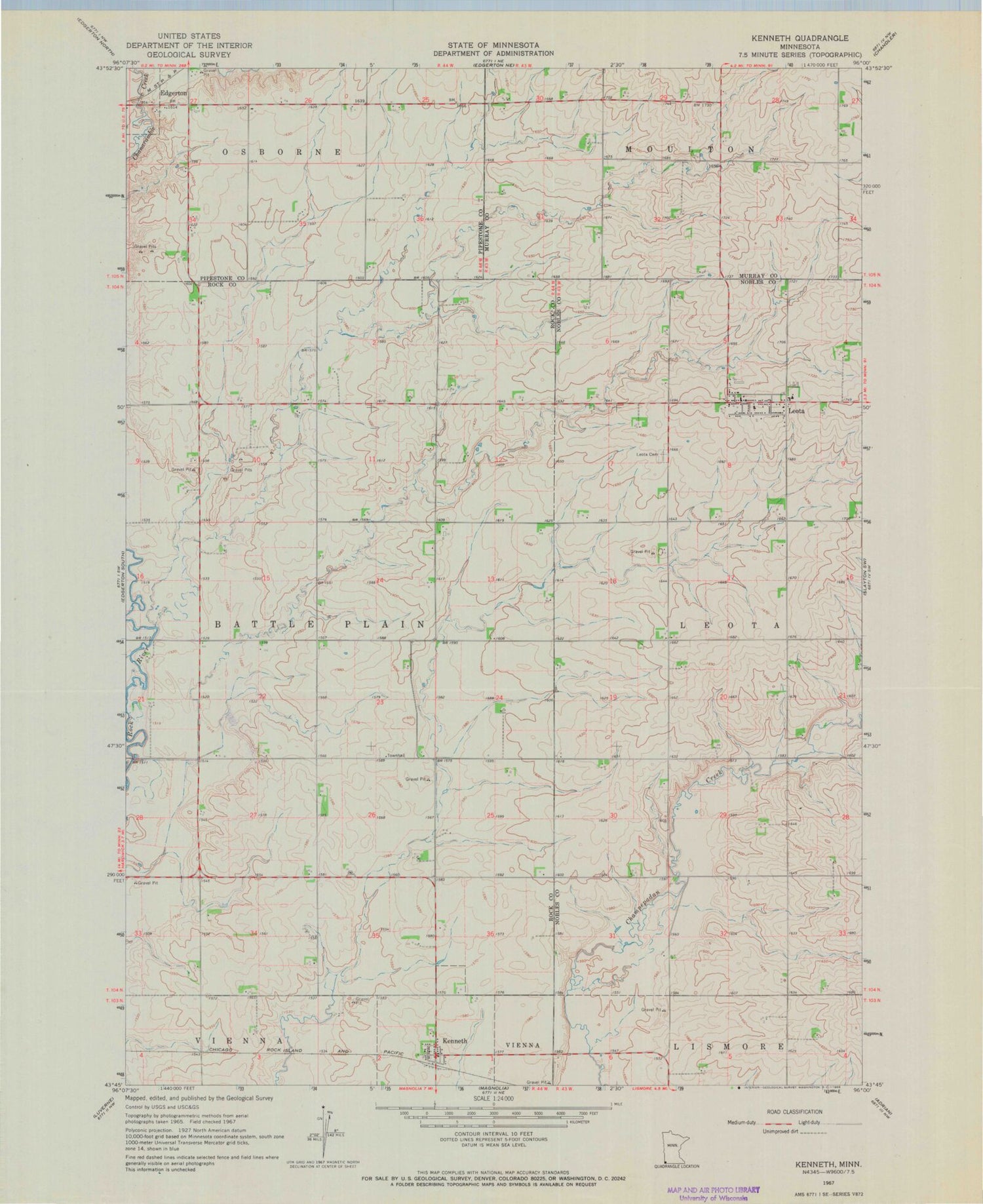 Classic USGS Kenneth Minnesota 7.5'x7.5' Topo Map Image