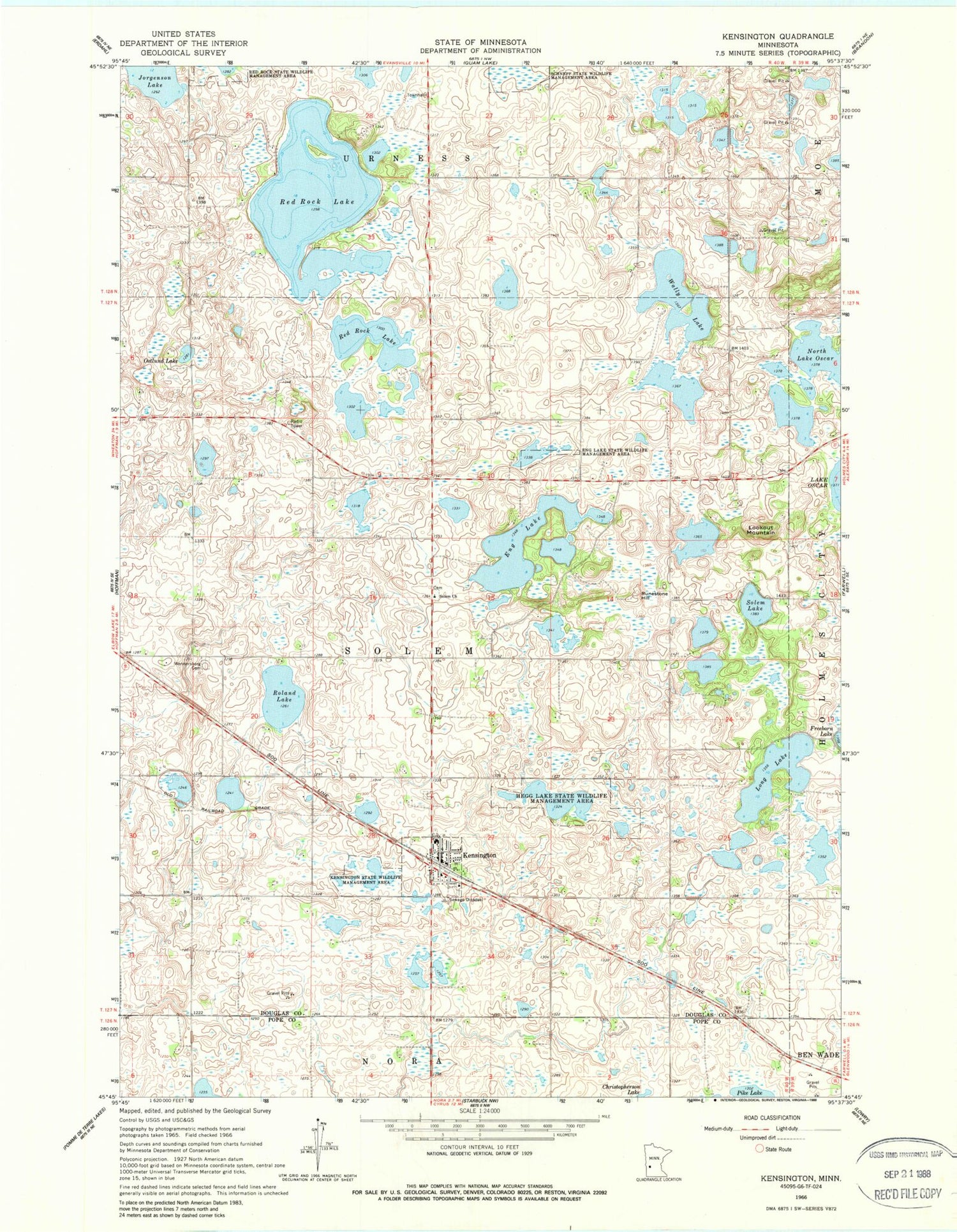 Classic USGS Kensington Minnesota 7.5'x7.5' Topo Map Image