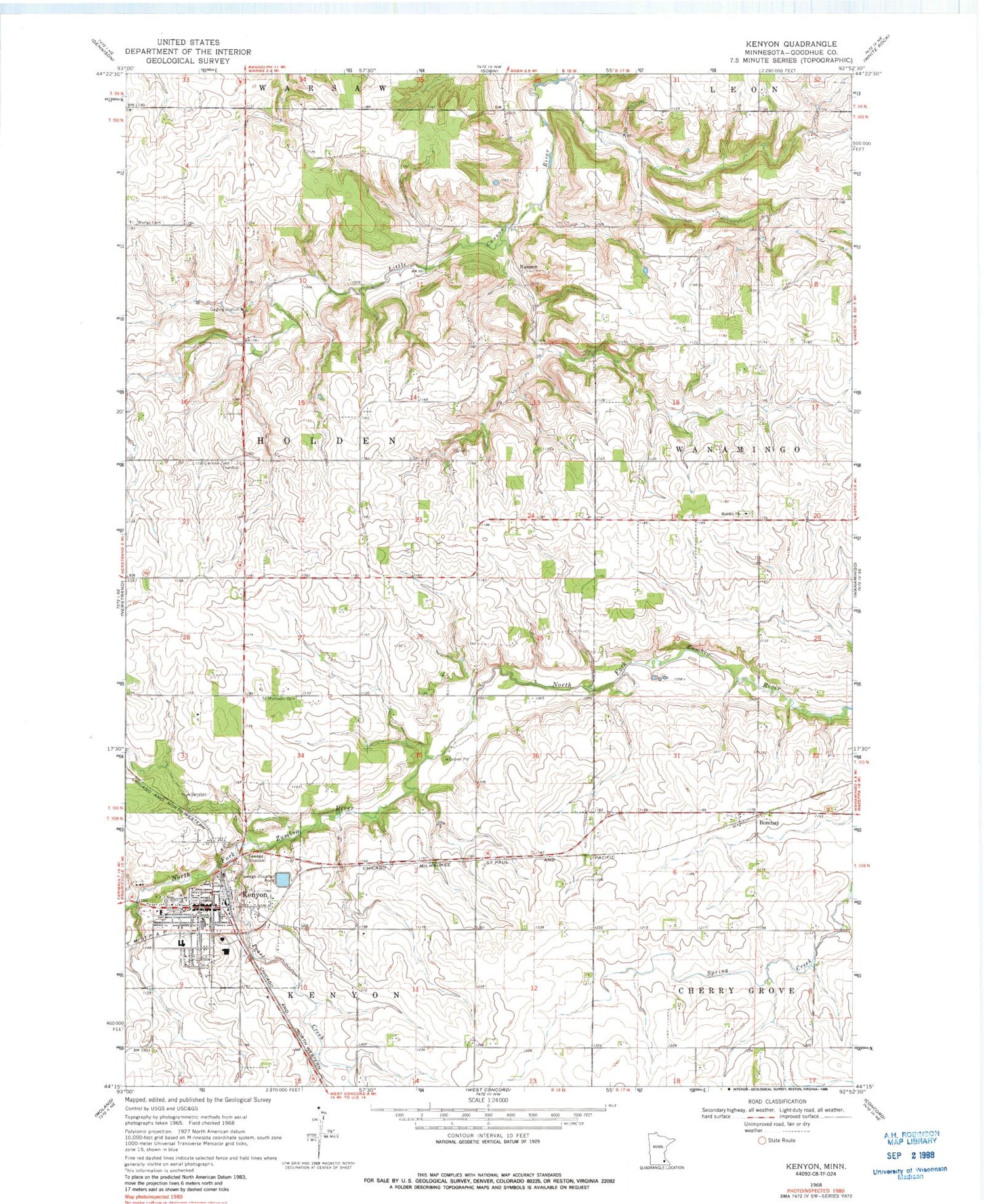 Classic USGS Kenyon Minnesota 7.5'x7.5' Topo Map Image