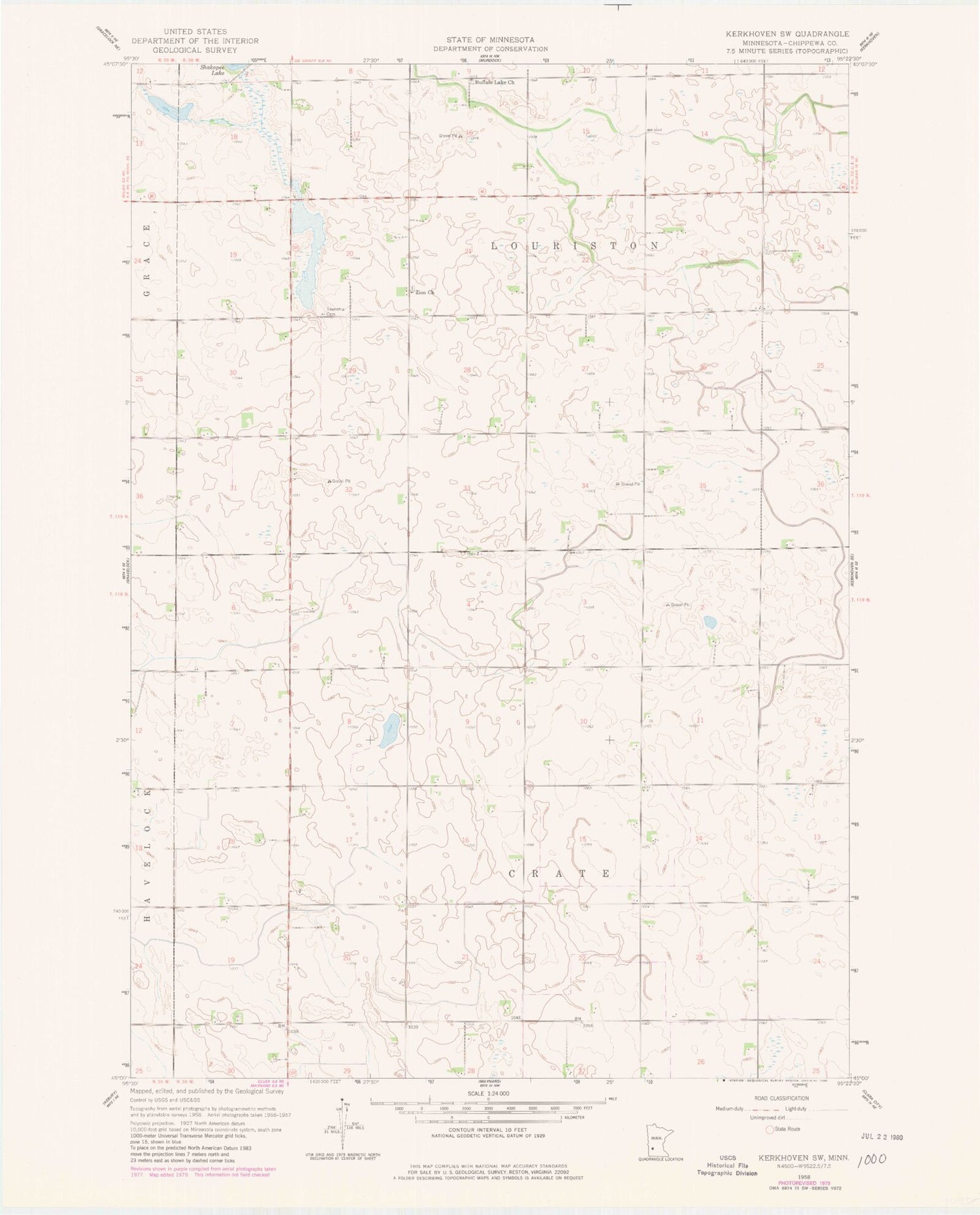 Classic USGS Kerkhoven SW Minnesota 7.5'x7.5' Topo Map Image