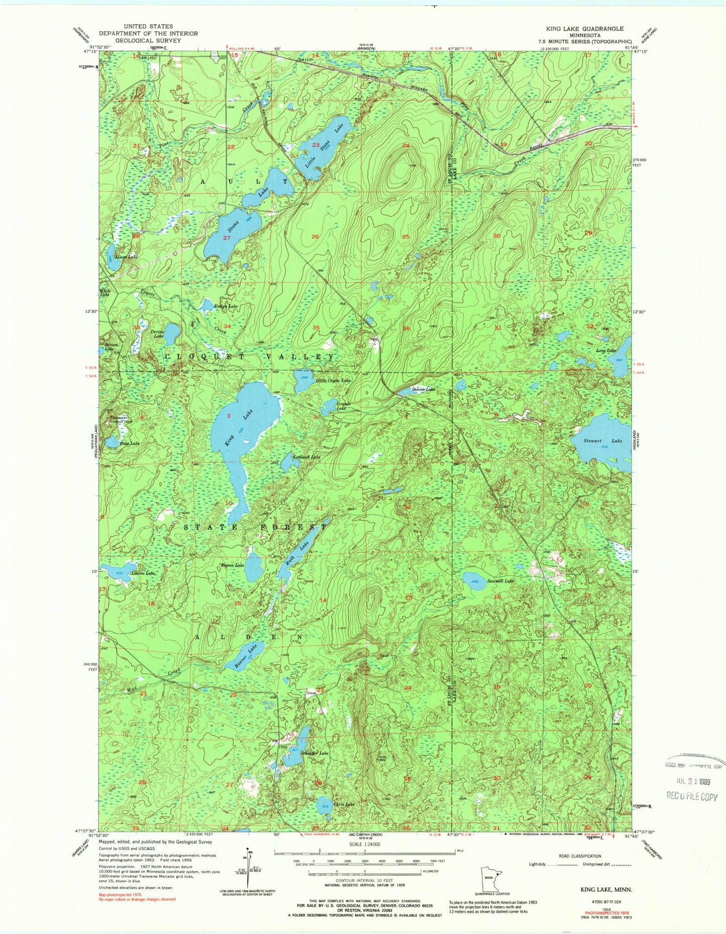 Classic USGS King Lake Minnesota 7.5'x7.5' Topo Map Image
