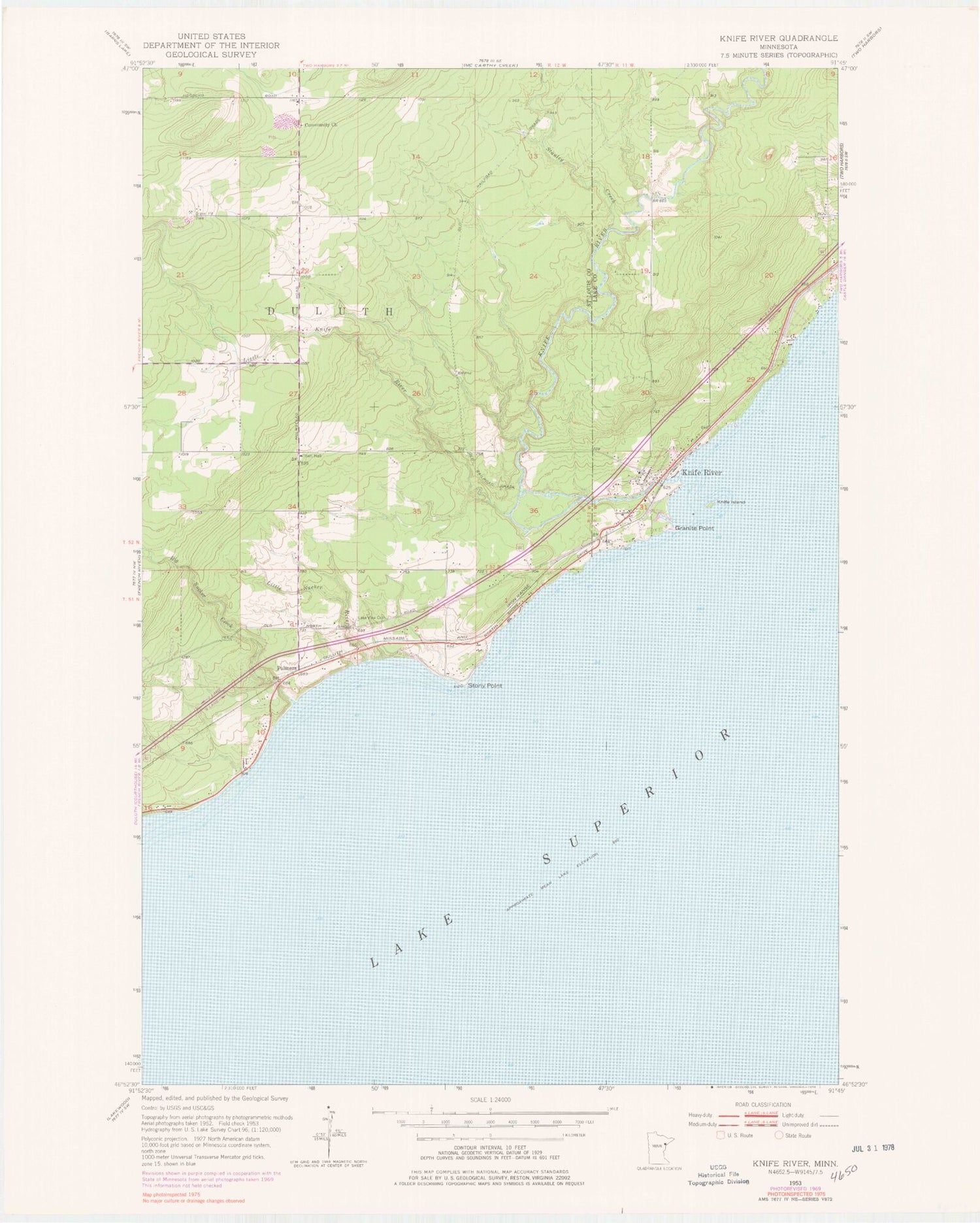 Classic USGS Knife River Minnesota 7.5'x7.5' Topo Map Image