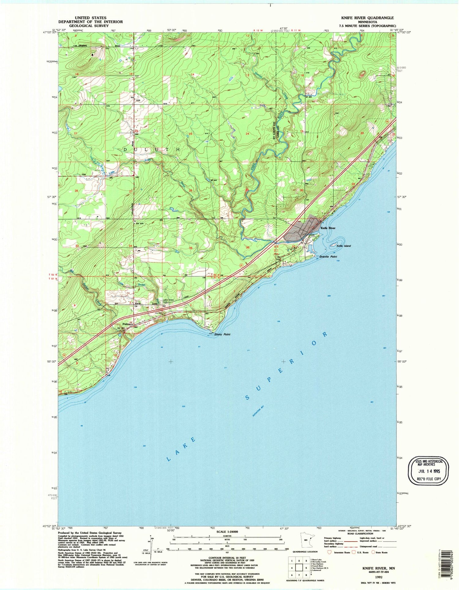 Classic USGS Knife River Minnesota 7.5'x7.5' Topo Map Image