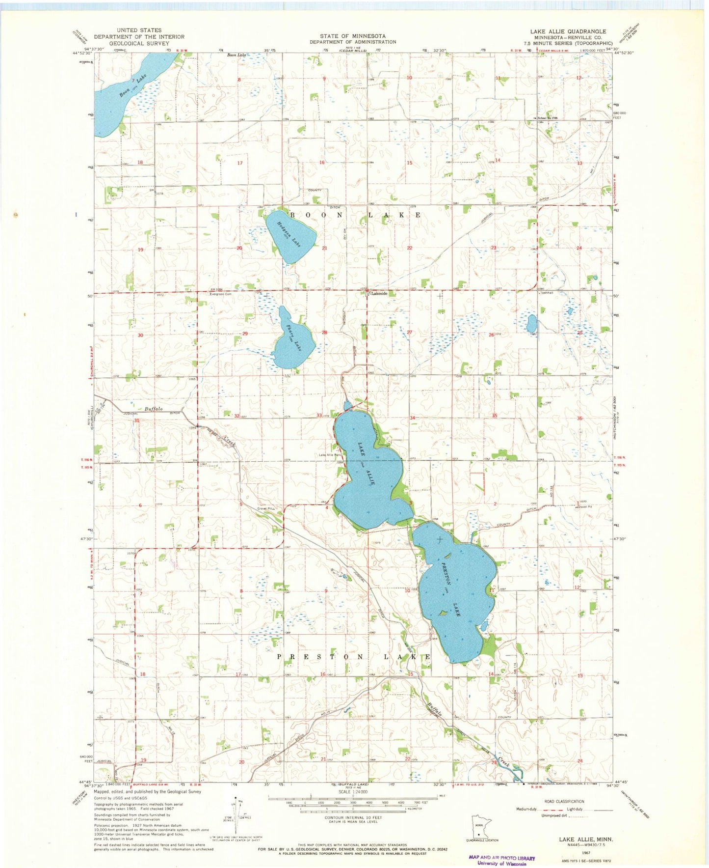 Classic USGS Lake Allie Minnesota 7.5'x7.5' Topo Map Image