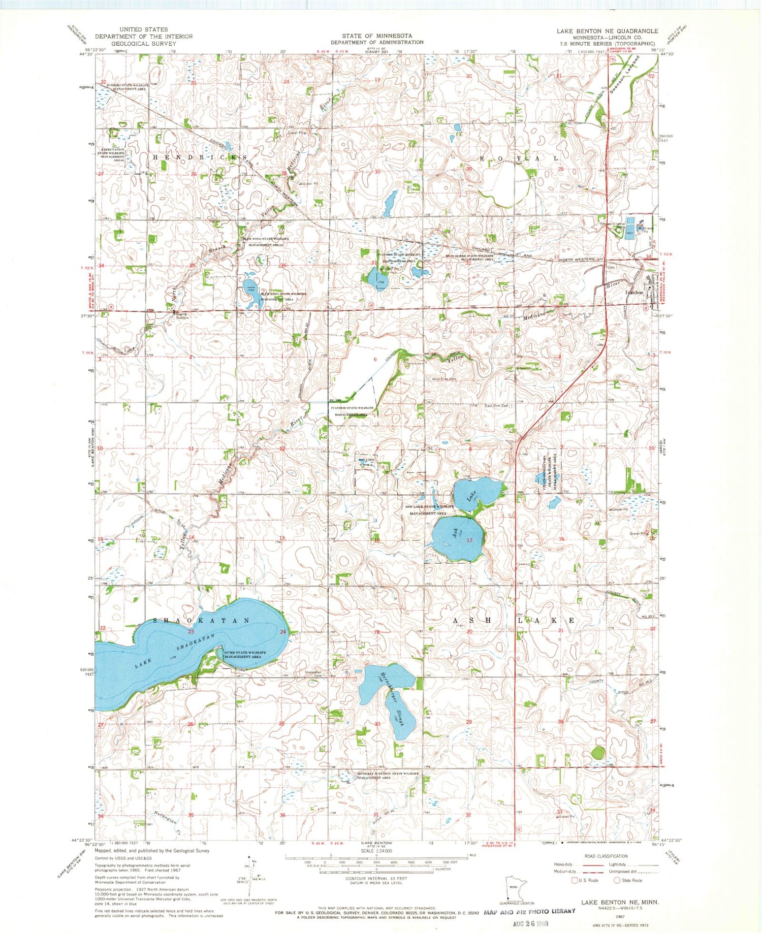 Classic USGS Lake Benton NE Minnesota 7.5'x7.5' Topo Map Image