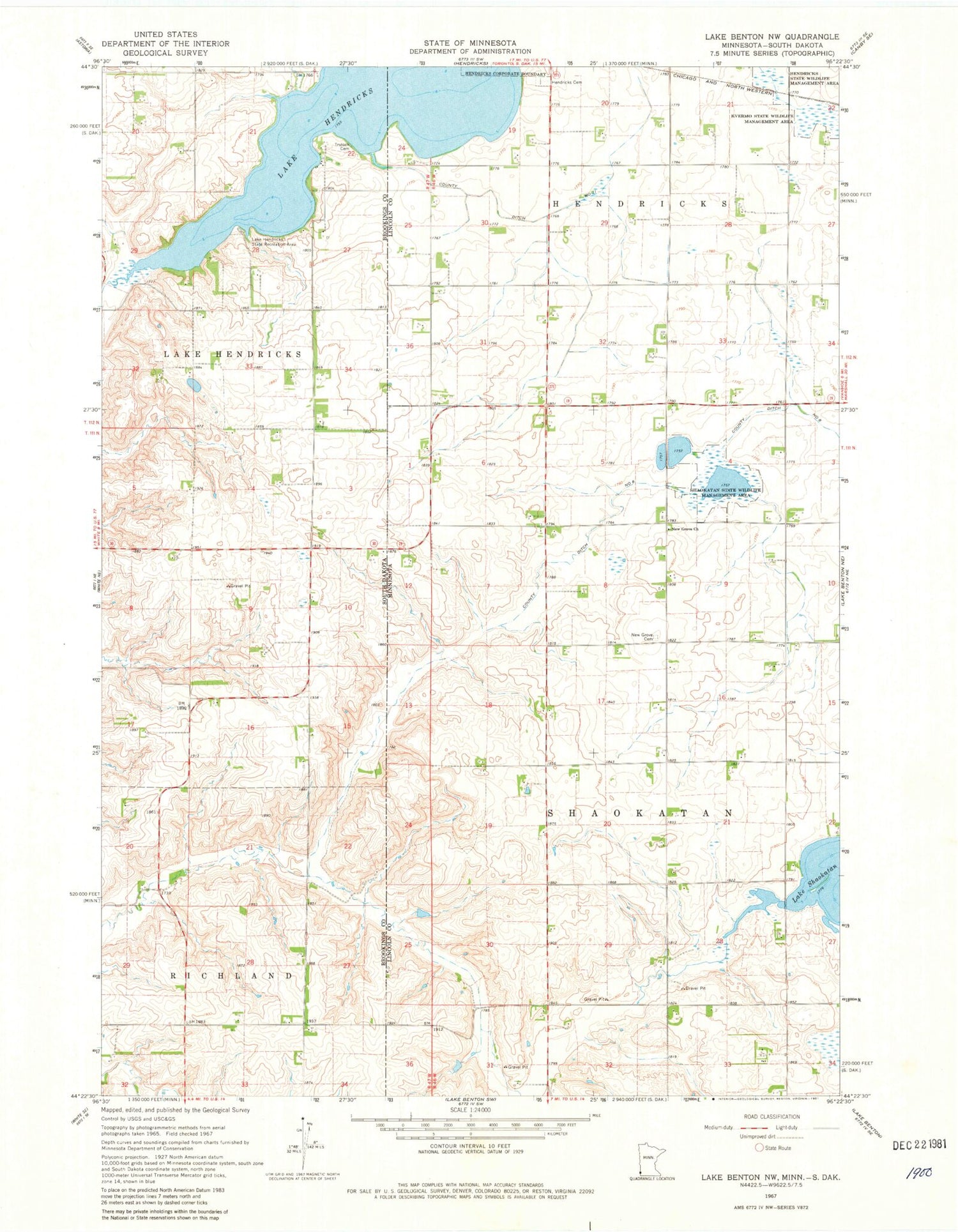 Classic USGS Lake Benton NW Minnesota 7.5'x7.5' Topo Map Image