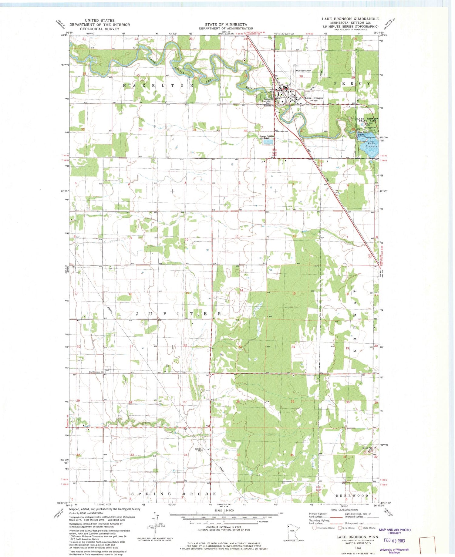 Classic USGS Lake Bronson Minnesota 7.5'x7.5' Topo Map Image