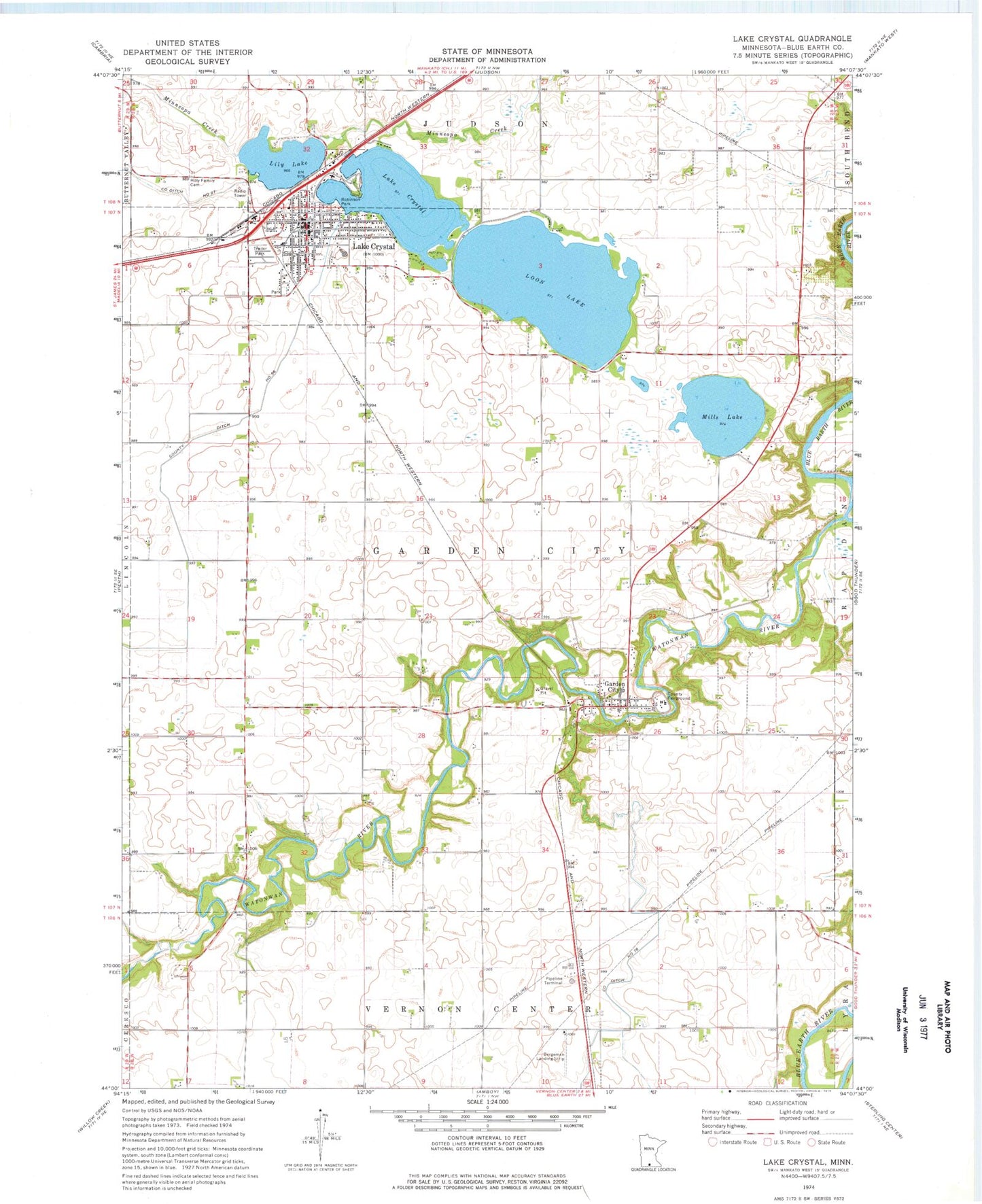 Classic USGS Lake Crystal Minnesota 7.5'x7.5' Topo Map Image