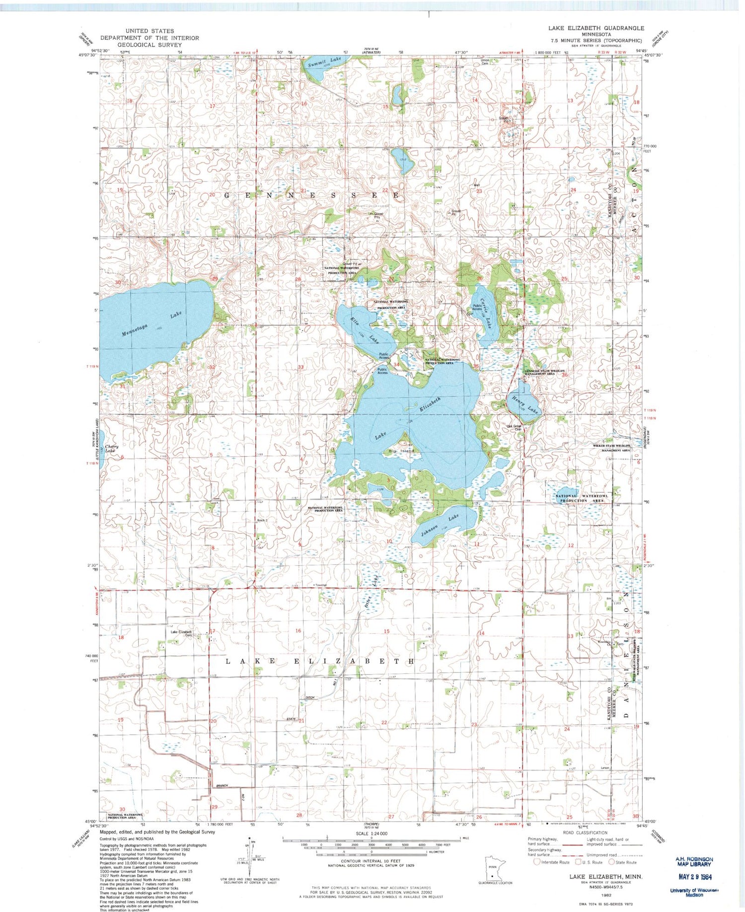Classic USGS Lake Elizabeth Minnesota 7.5'x7.5' Topo Map Image