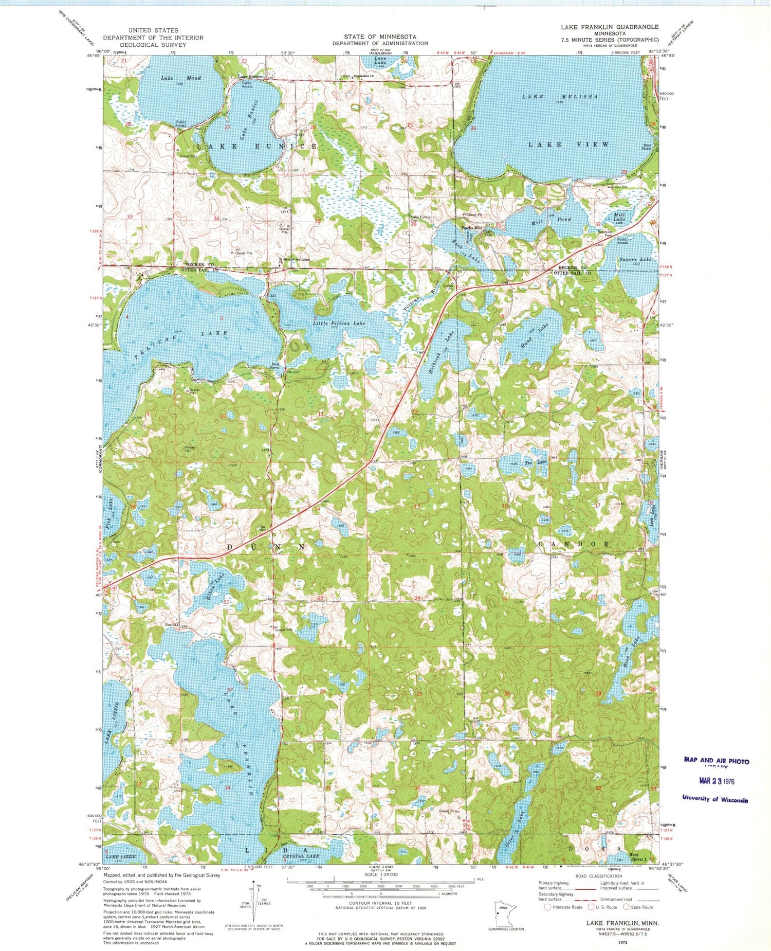 Classic USGS Lake Franklin Minnesota 7.5'x7.5' Topo Map Image