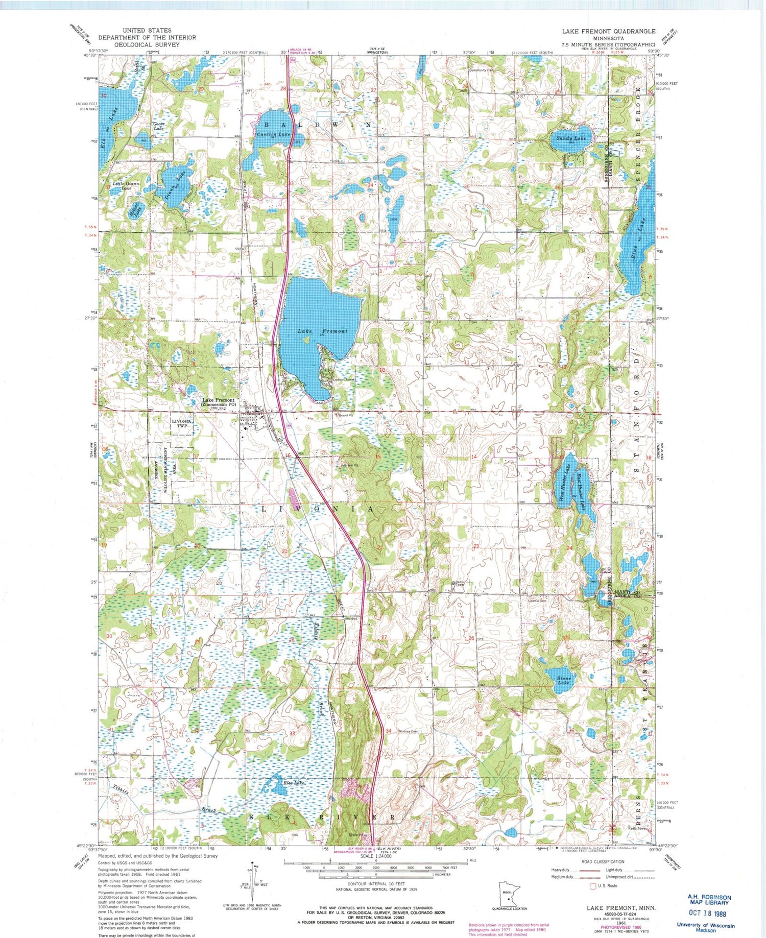 Classic USGS Lake Fremont Minnesota 7.5'x7.5' Topo Map Image