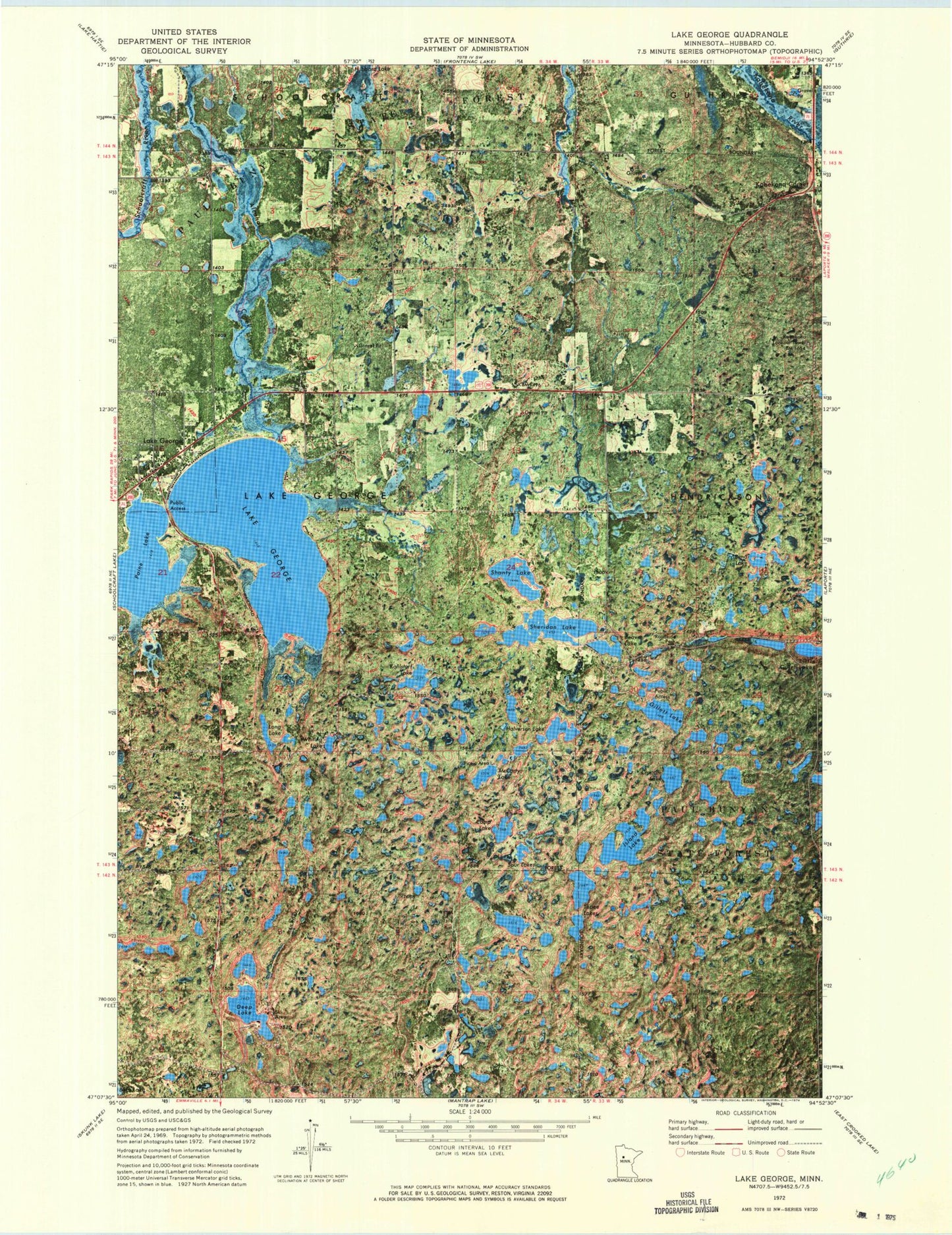 Classic USGS Lake George Minnesota 7.5'x7.5' Topo Map Image