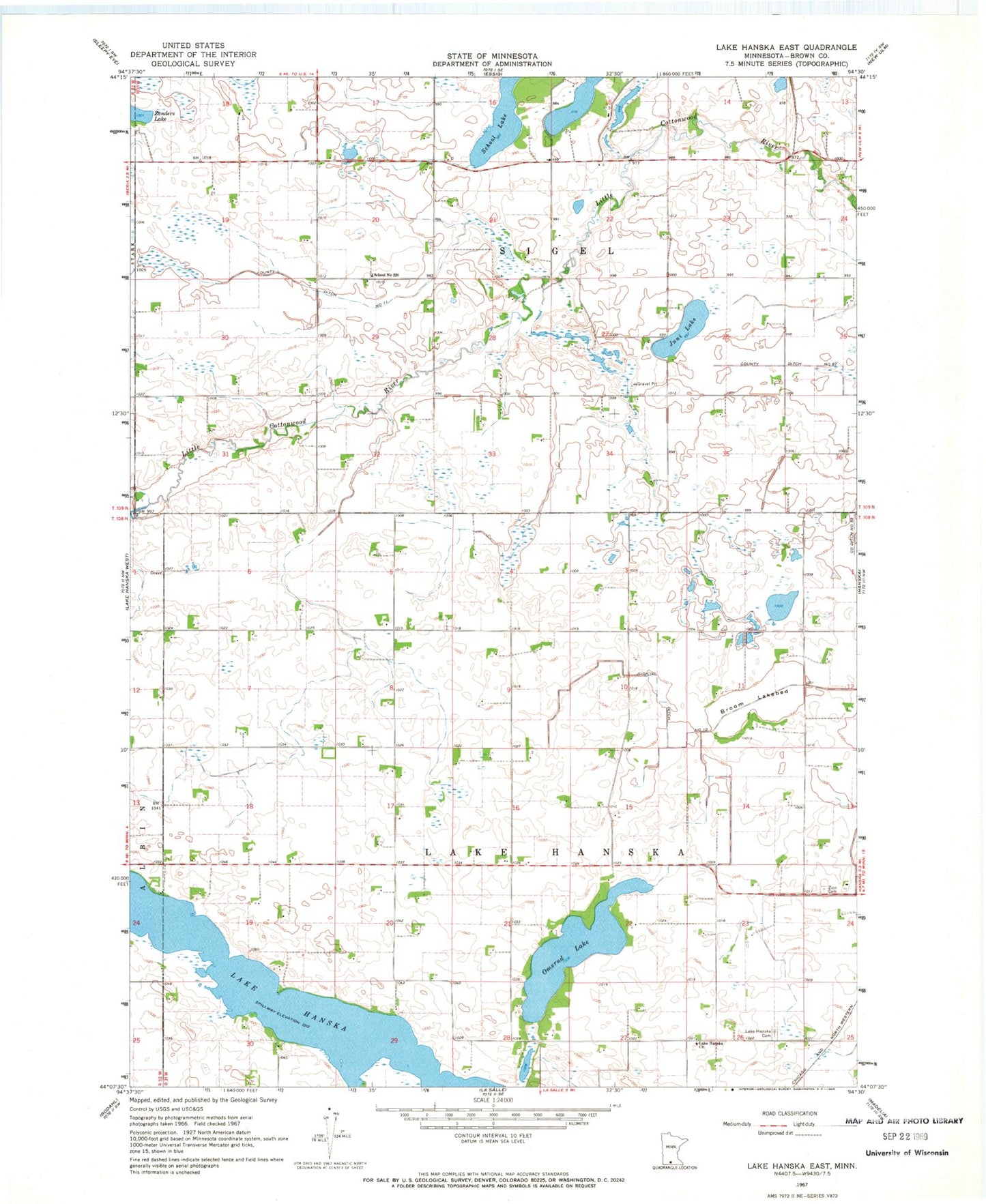 Classic USGS Lake Hanska East Minnesota 7.5'x7.5' Topo Map Image