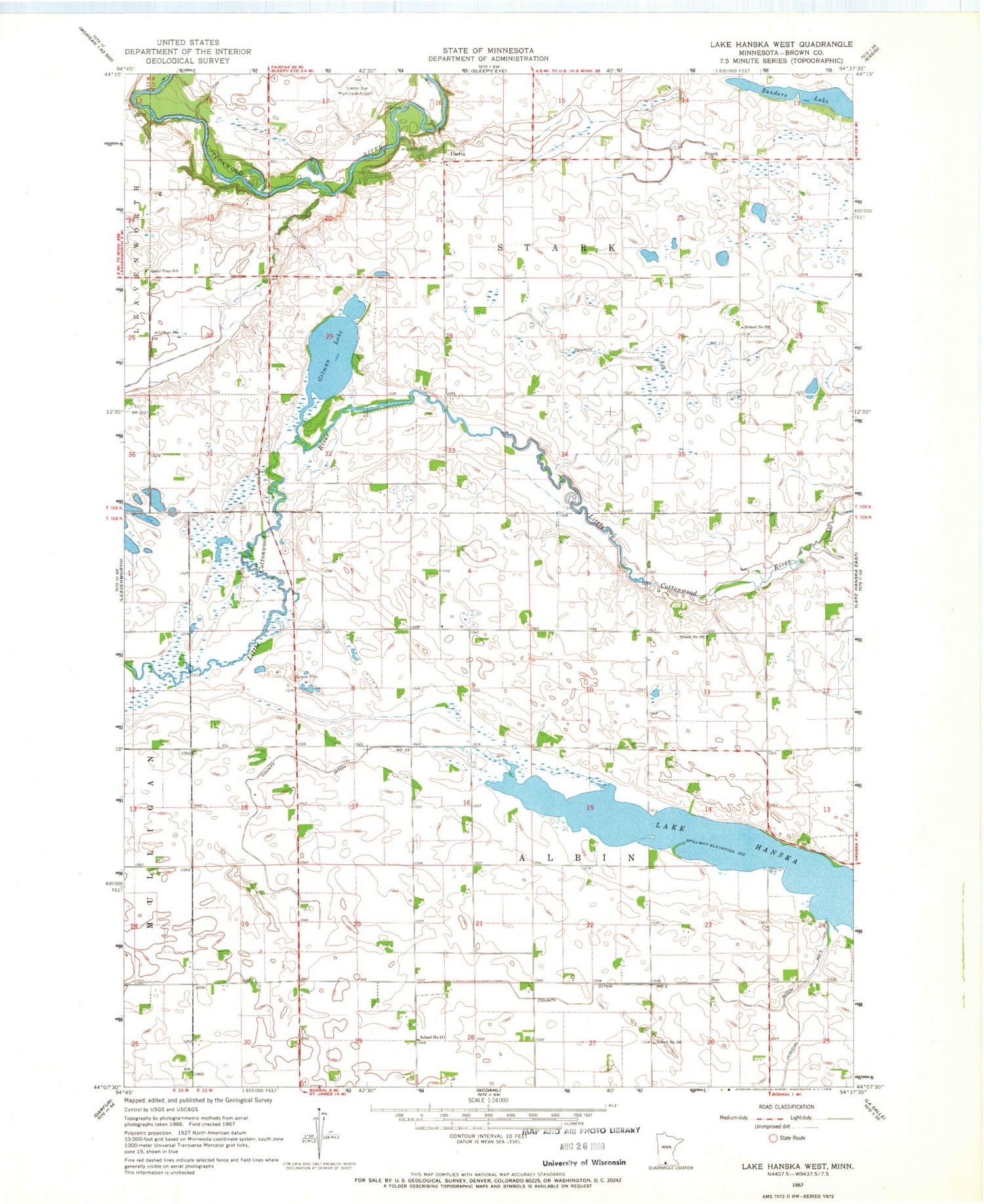 Classic USGS Lake Hanska West Minnesota 7.5'x7.5' Topo Map Image
