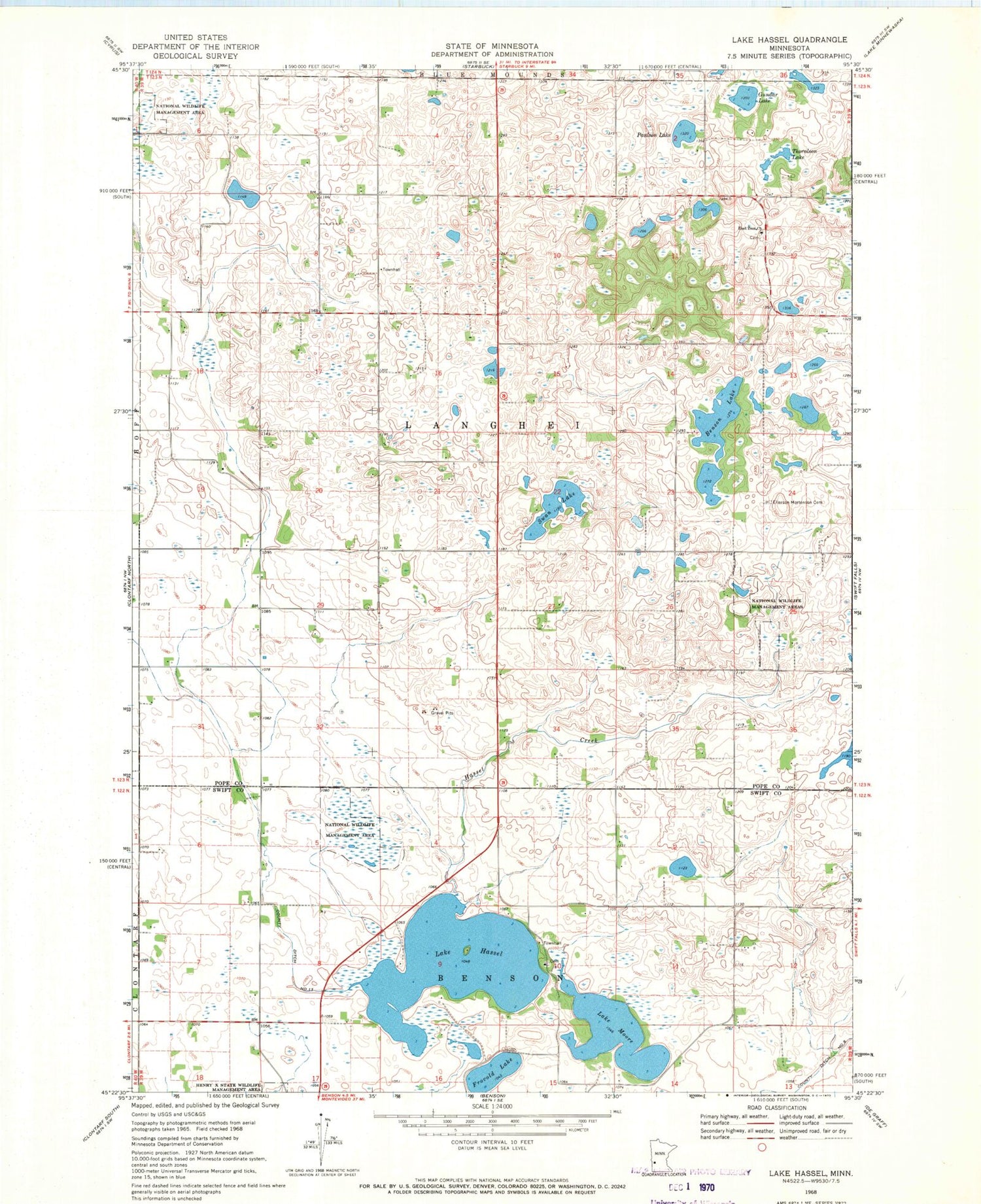 Classic USGS Lake Hassel Minnesota 7.5'x7.5' Topo Map Image