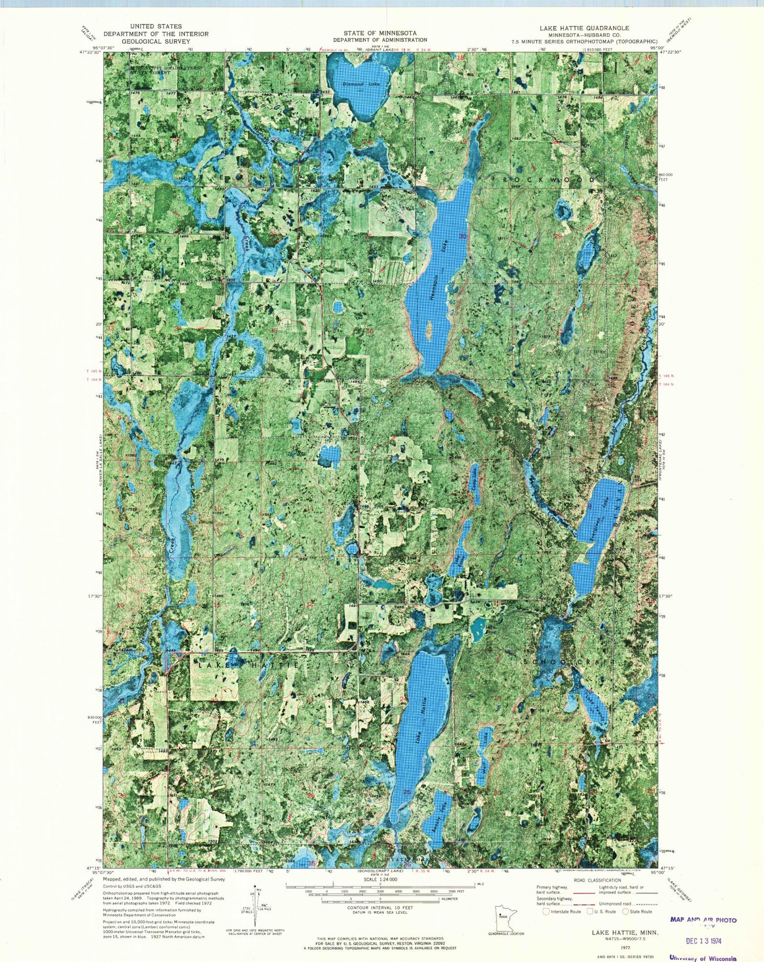 Classic USGS Lake Hattie Minnesota 7.5'x7.5' Topo Map Image