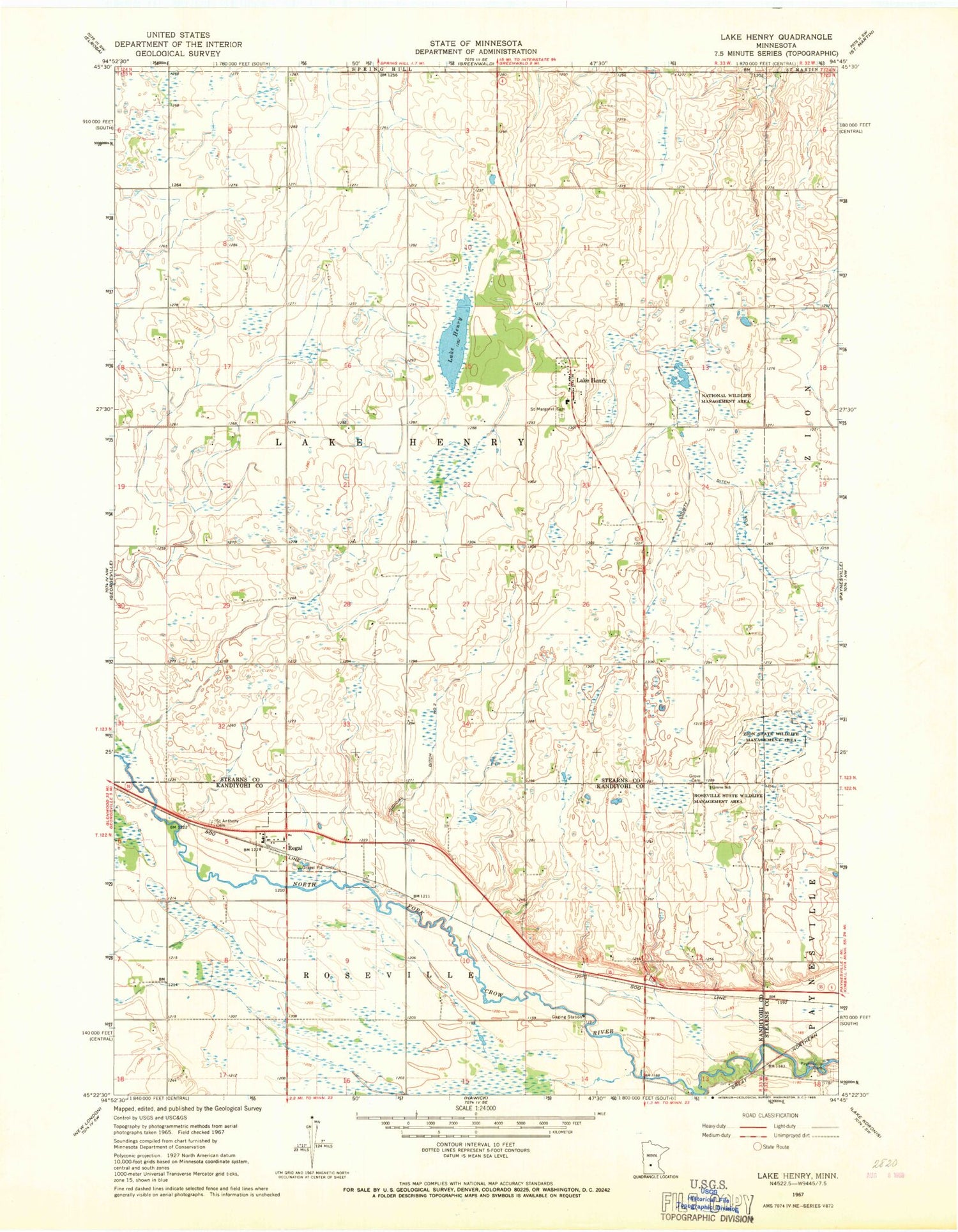 Classic USGS Lake Henry Minnesota 7.5'x7.5' Topo Map Image